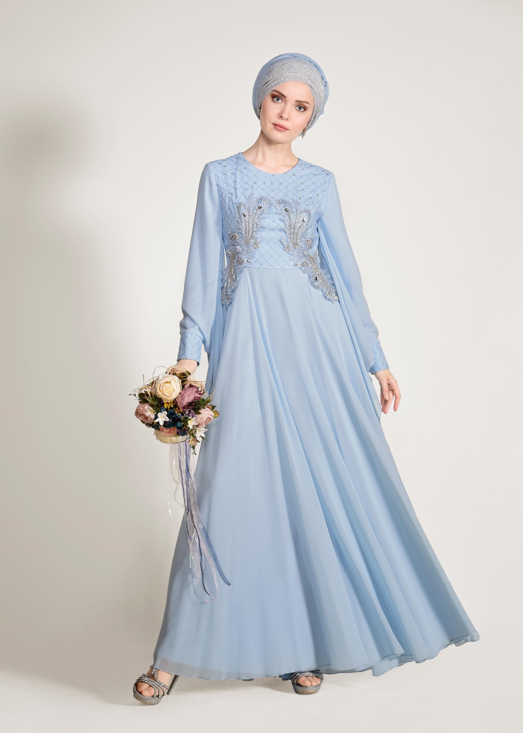 Tesettür giyim MAVİ BONCUK VE TAŞ İŞLEMELİ MULTİ ŞİFON ABİYE ELBİSE 5436