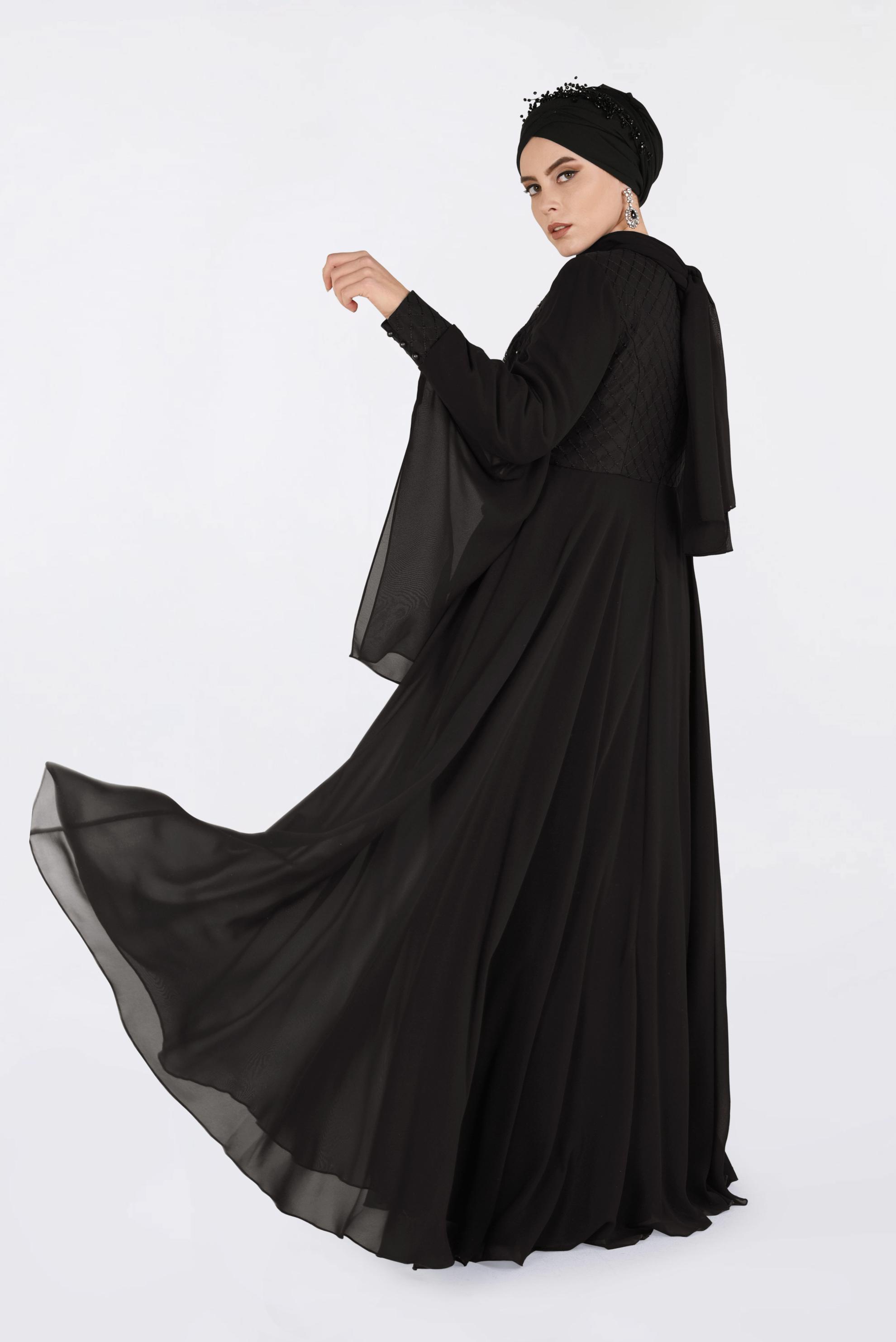 Tesettür giyim SİYAH NAKIŞ İŞLEMELİ ŞİFON ABİYE ELBİSE 5437