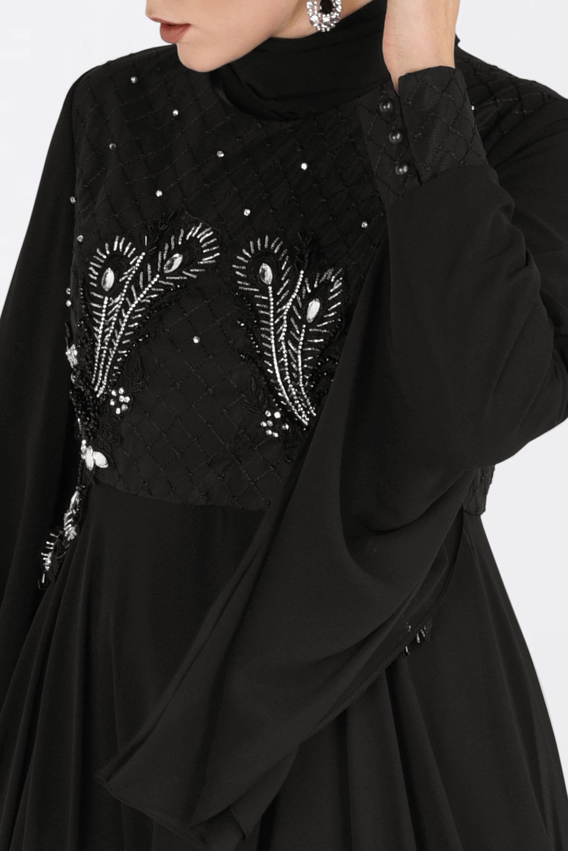 Tesettür giyim SİYAH NAKIŞ İŞLEMELİ ŞİFON ABİYE ELBİSE 5437