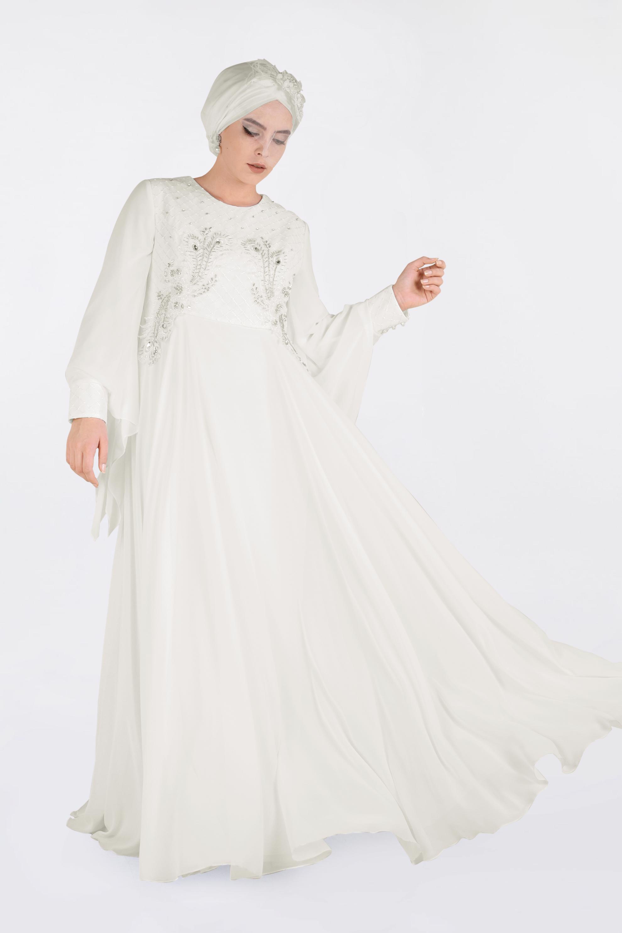 Tesettür giyim BEYAZ NAKIŞ İŞLEMELİ ŞİFON ABİYE ELBİSE 5437