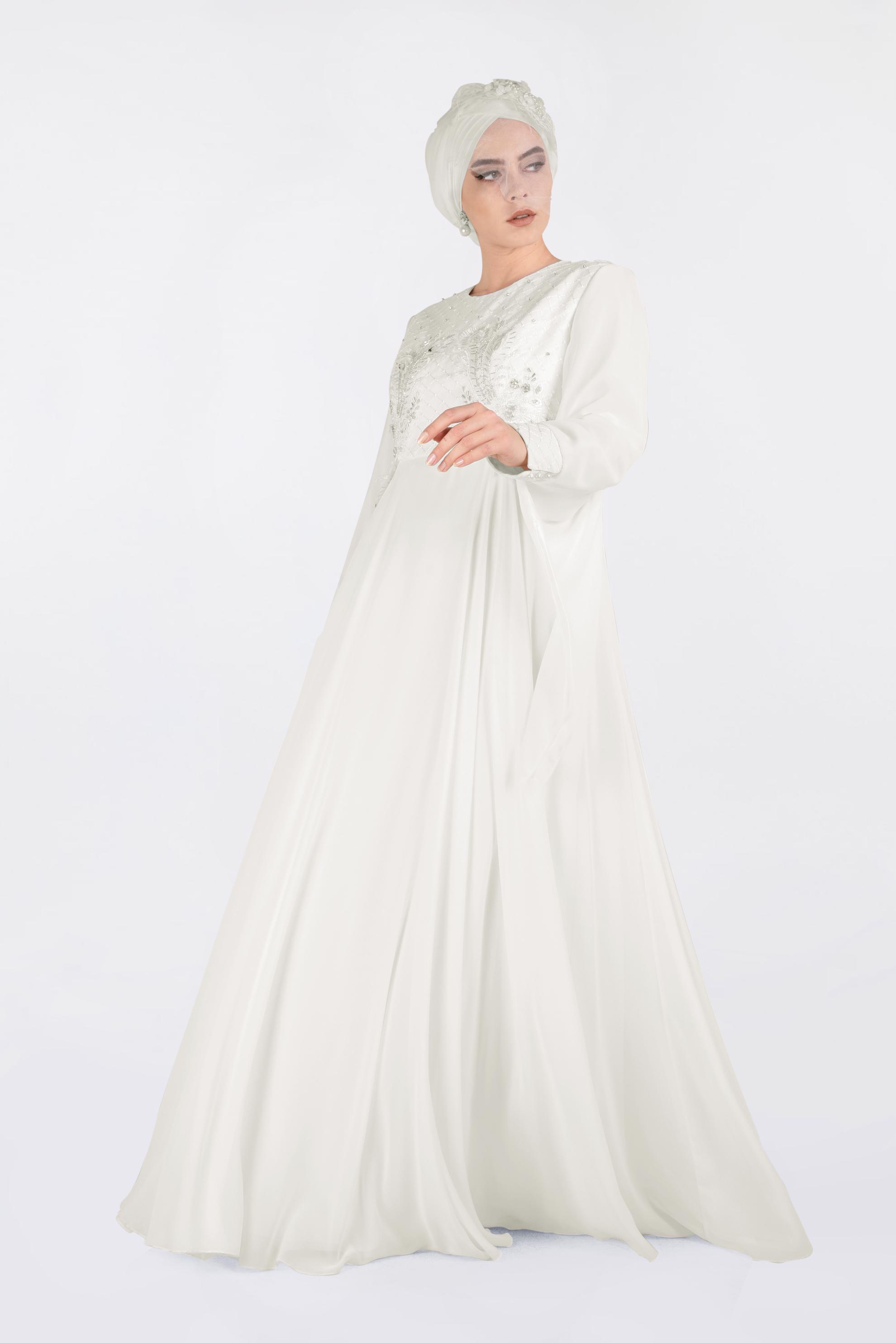 Tesettür giyim BEYAZ NAKIŞ İŞLEMELİ ŞİFON ABİYE ELBİSE 5437