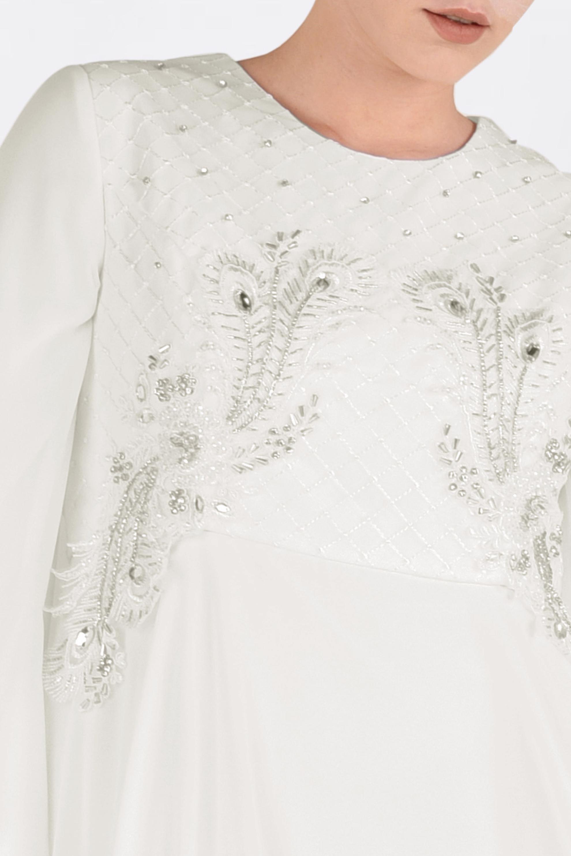 Tesettür giyim BEYAZ NAKIŞ İŞLEMELİ ŞİFON ABİYE ELBİSE 5437