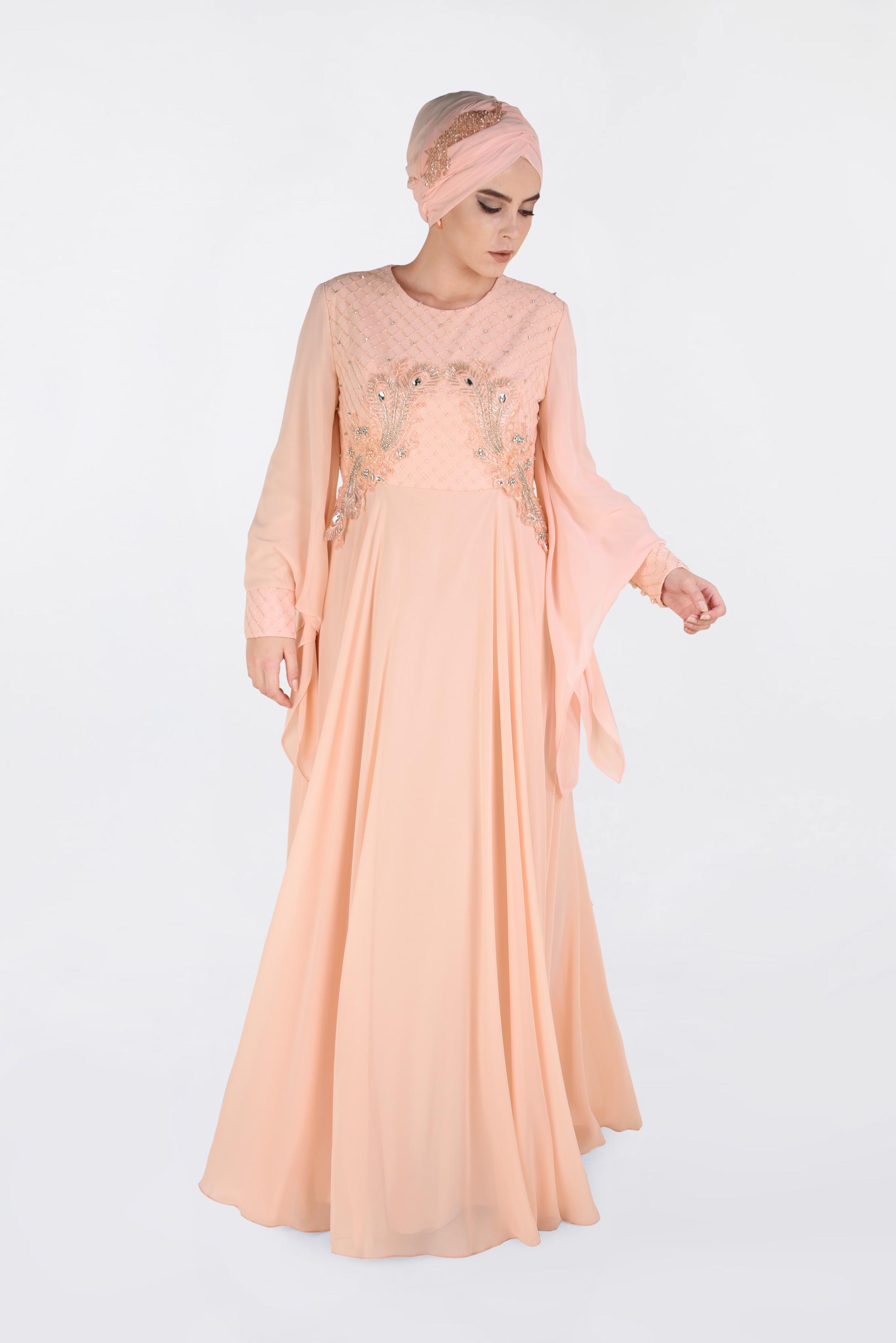 Tesettür giyim PUDRA NAKIŞ İŞLEMELİ ŞİFON ABİYE ELBİSE 5437
