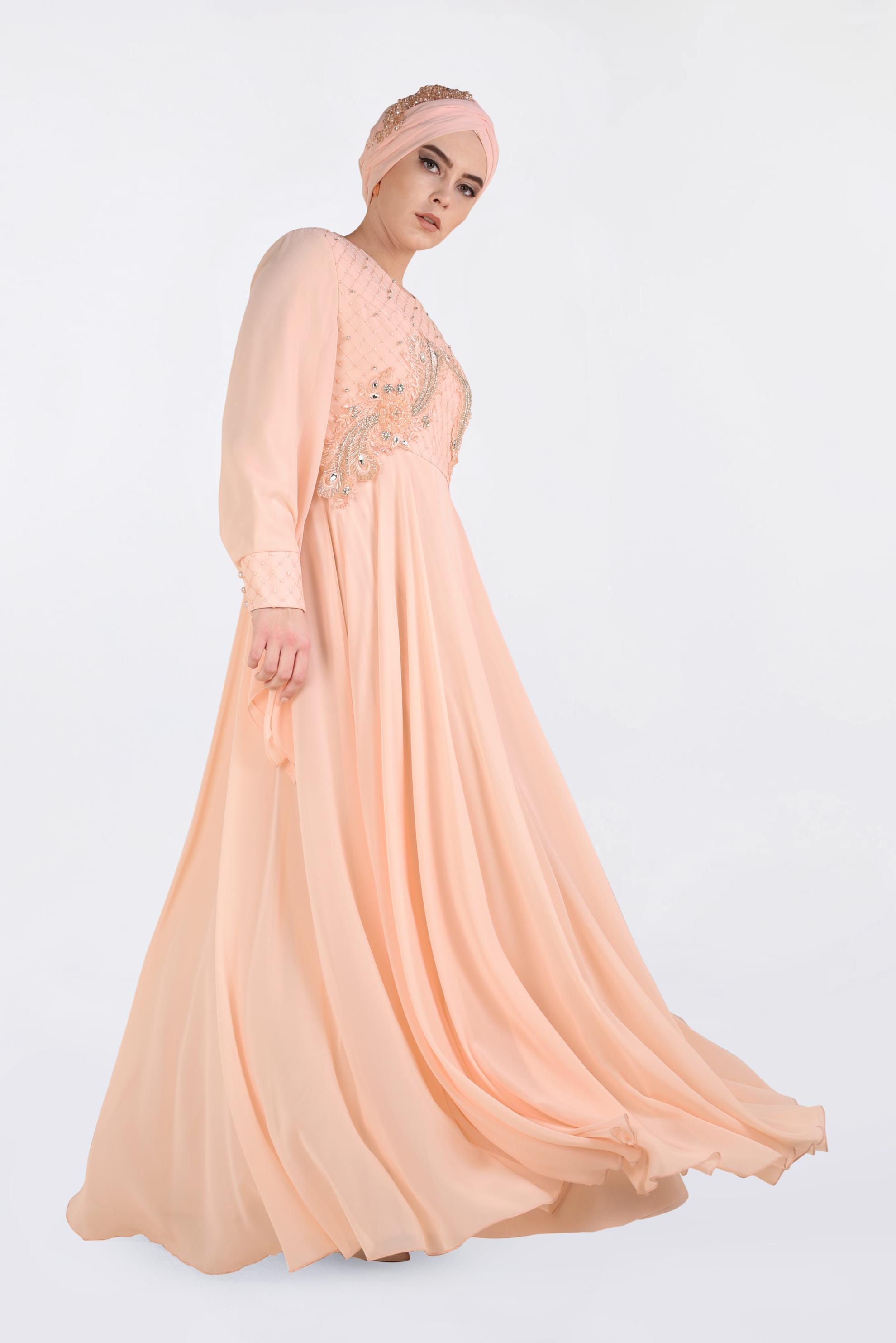 Tesettür giyim PUDRA NAKIŞ İŞLEMELİ ŞİFON ABİYE ELBİSE 5437