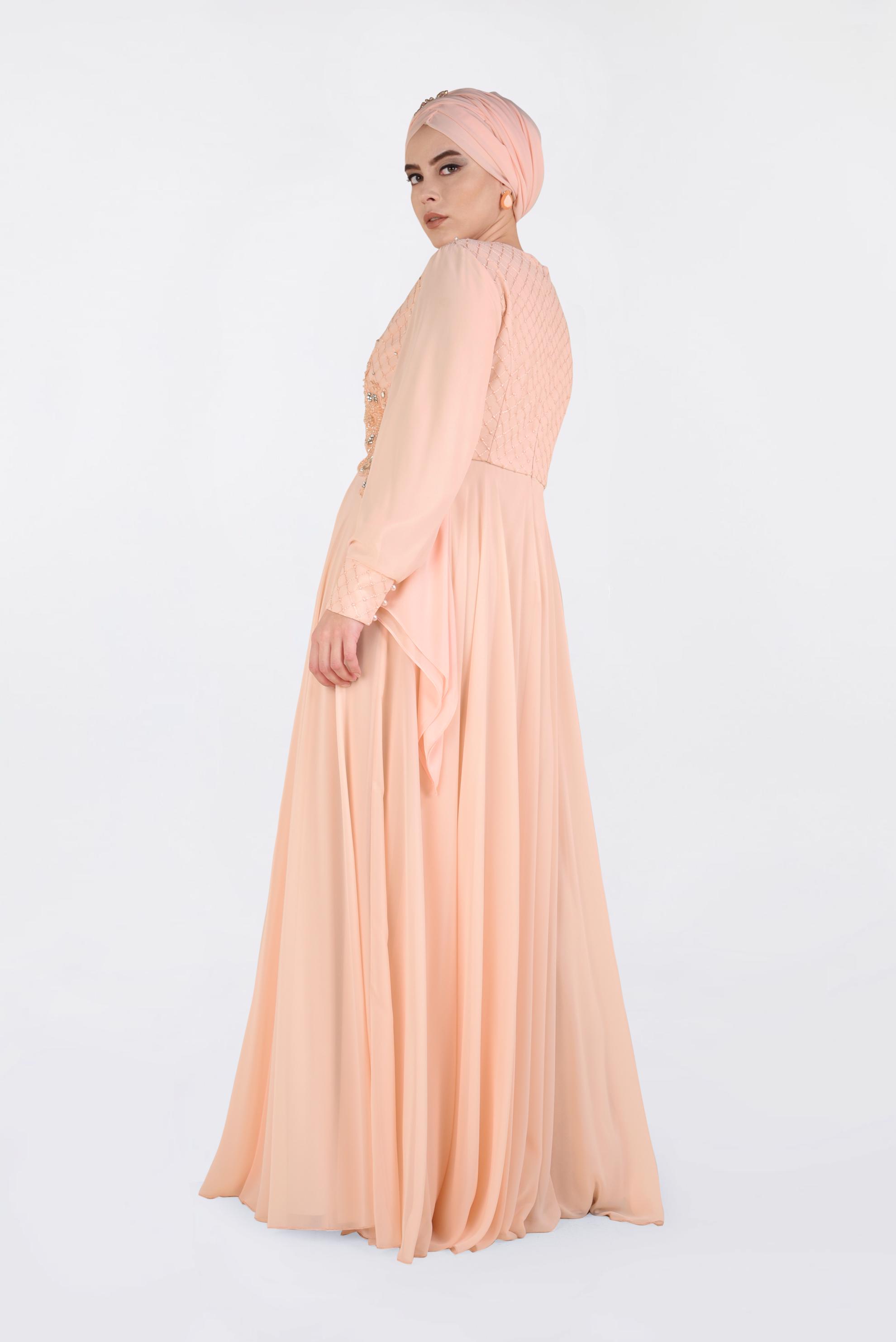 Tesettür giyim PUDRA NAKIŞ İŞLEMELİ ŞİFON ABİYE ELBİSE 5437