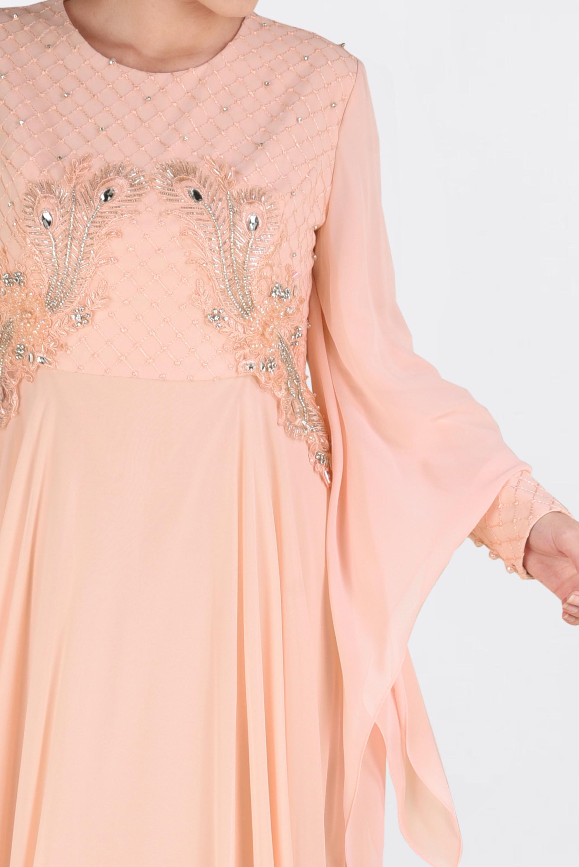 Tesettür giyim PUDRA NAKIŞ İŞLEMELİ ŞİFON ABİYE ELBİSE 5437