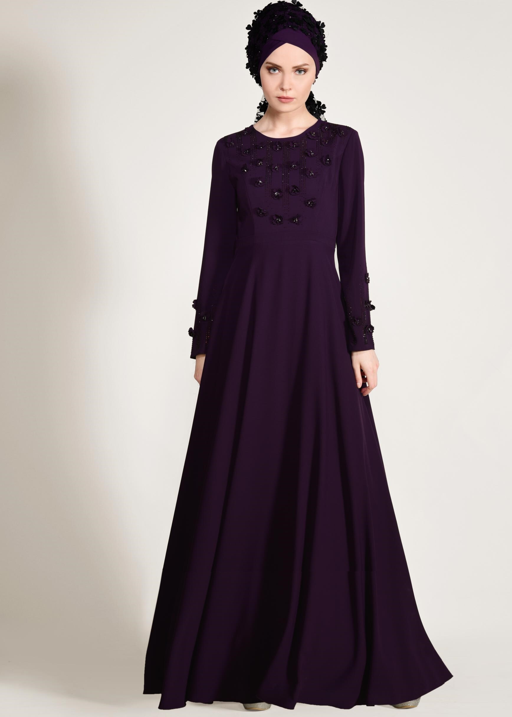 Tesettür giyim MOR ÜÇ BOYUTLU ÇİÇEK DETAYLI ABİYE ELBİSE 5438