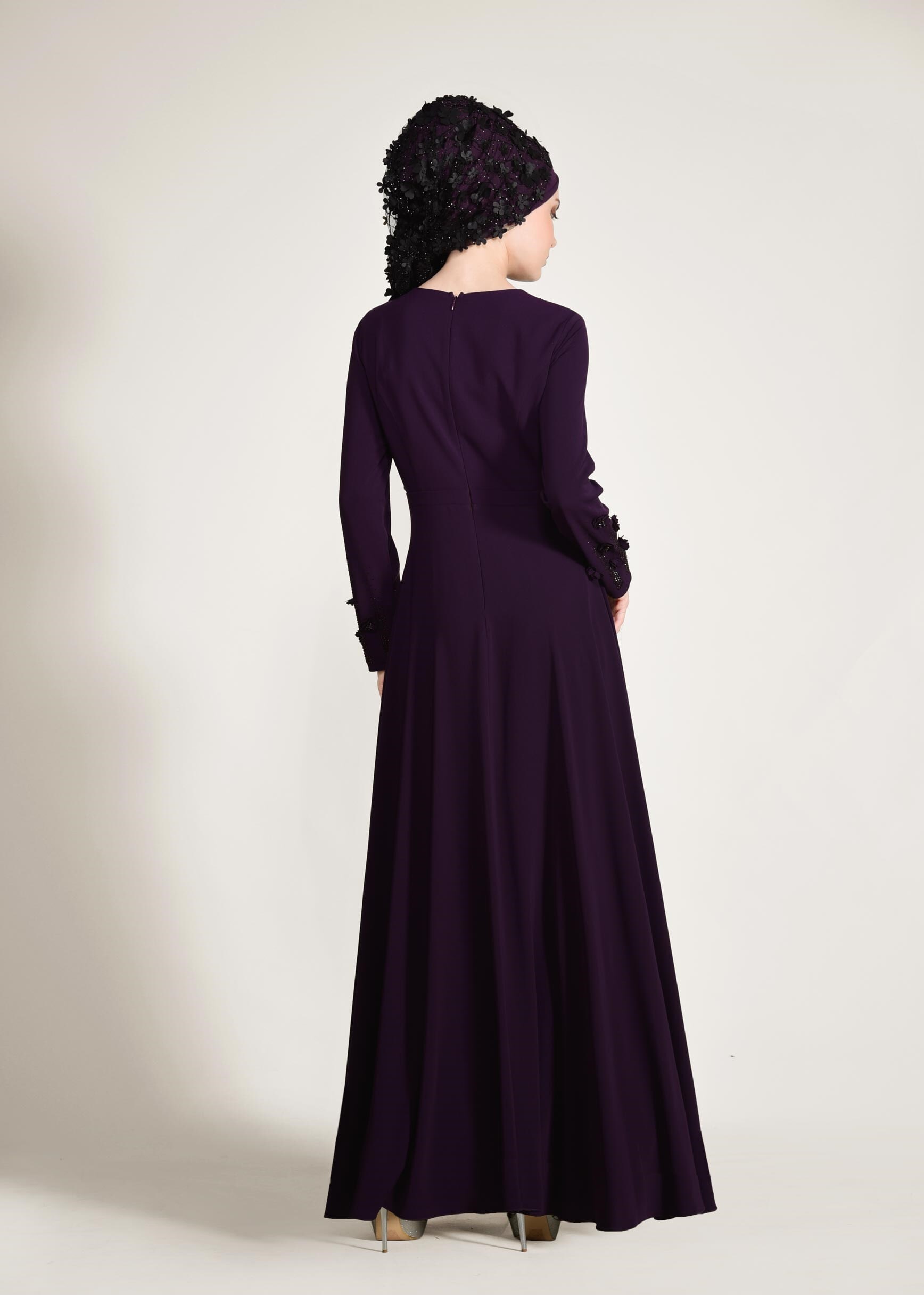 Tesettür giyim MOR ÜÇ BOYUTLU ÇİÇEK DETAYLI ABİYE ELBİSE 5438