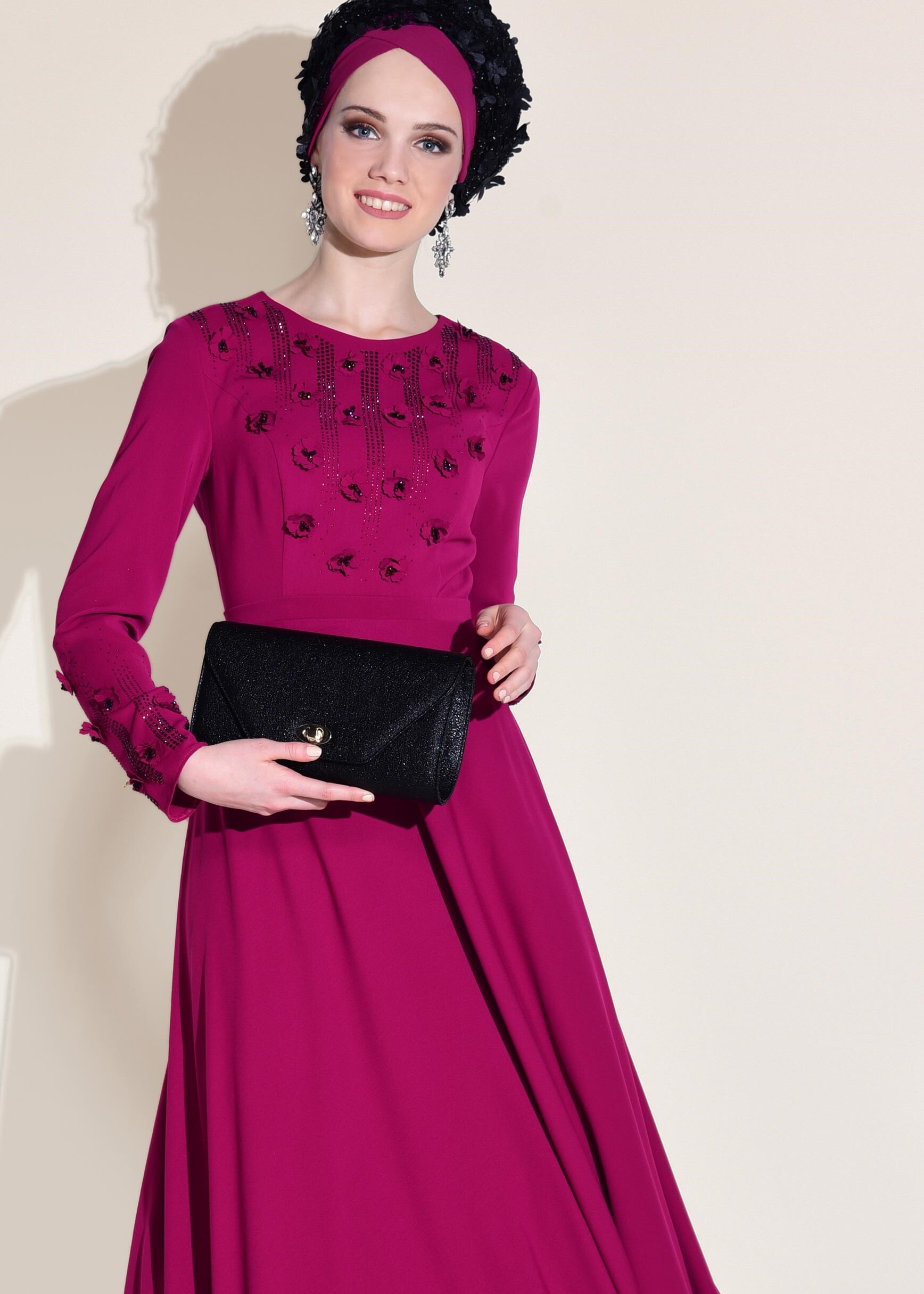 Tesettür giyim FUŞYA ÜÇ BOYUTLU ÇİÇEK DETAYLI ABİYE ELBİSE 5438