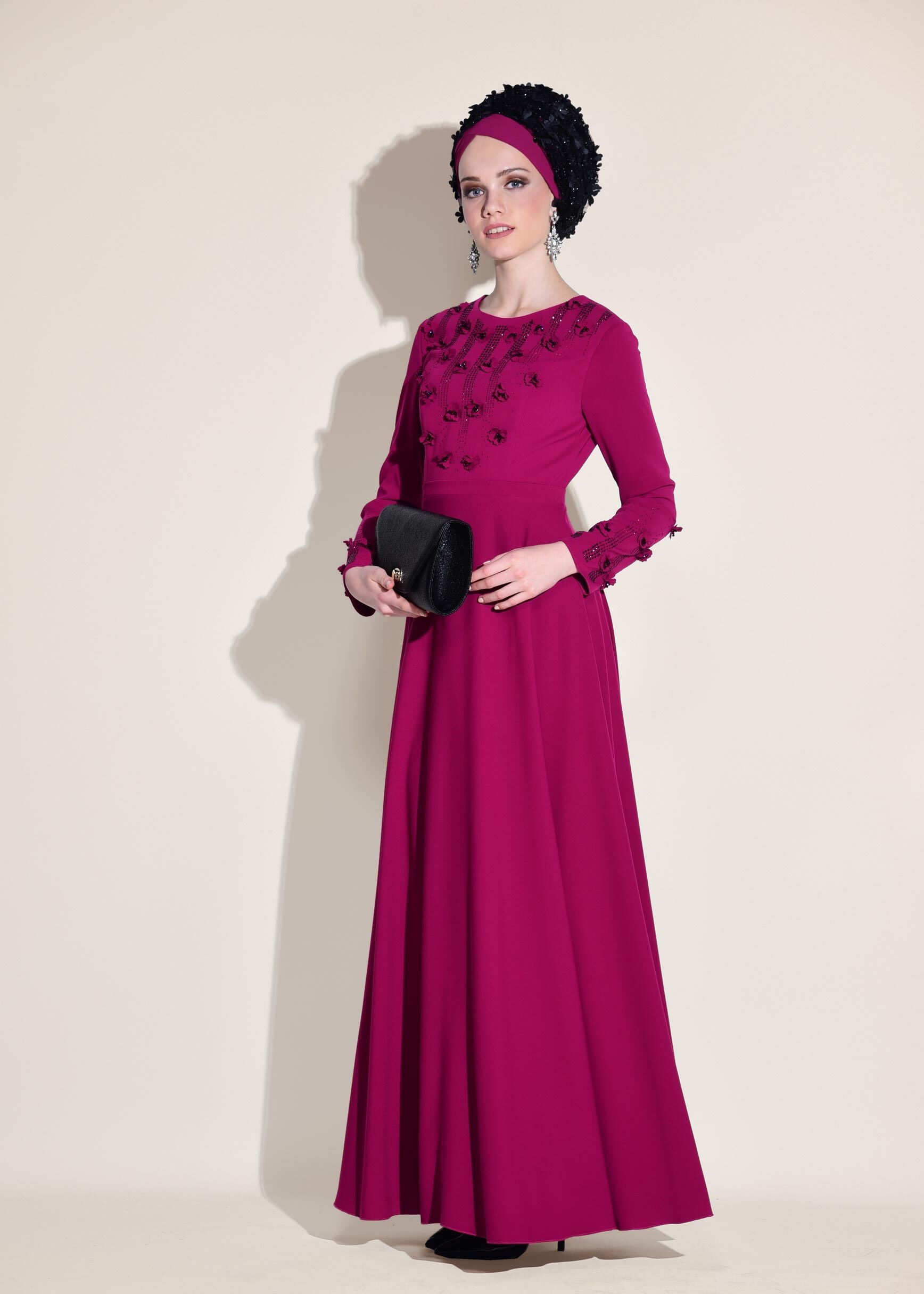 Tesettür giyim FUŞYA ÜÇ BOYUTLU ÇİÇEK DETAYLI ABİYE ELBİSE 5438