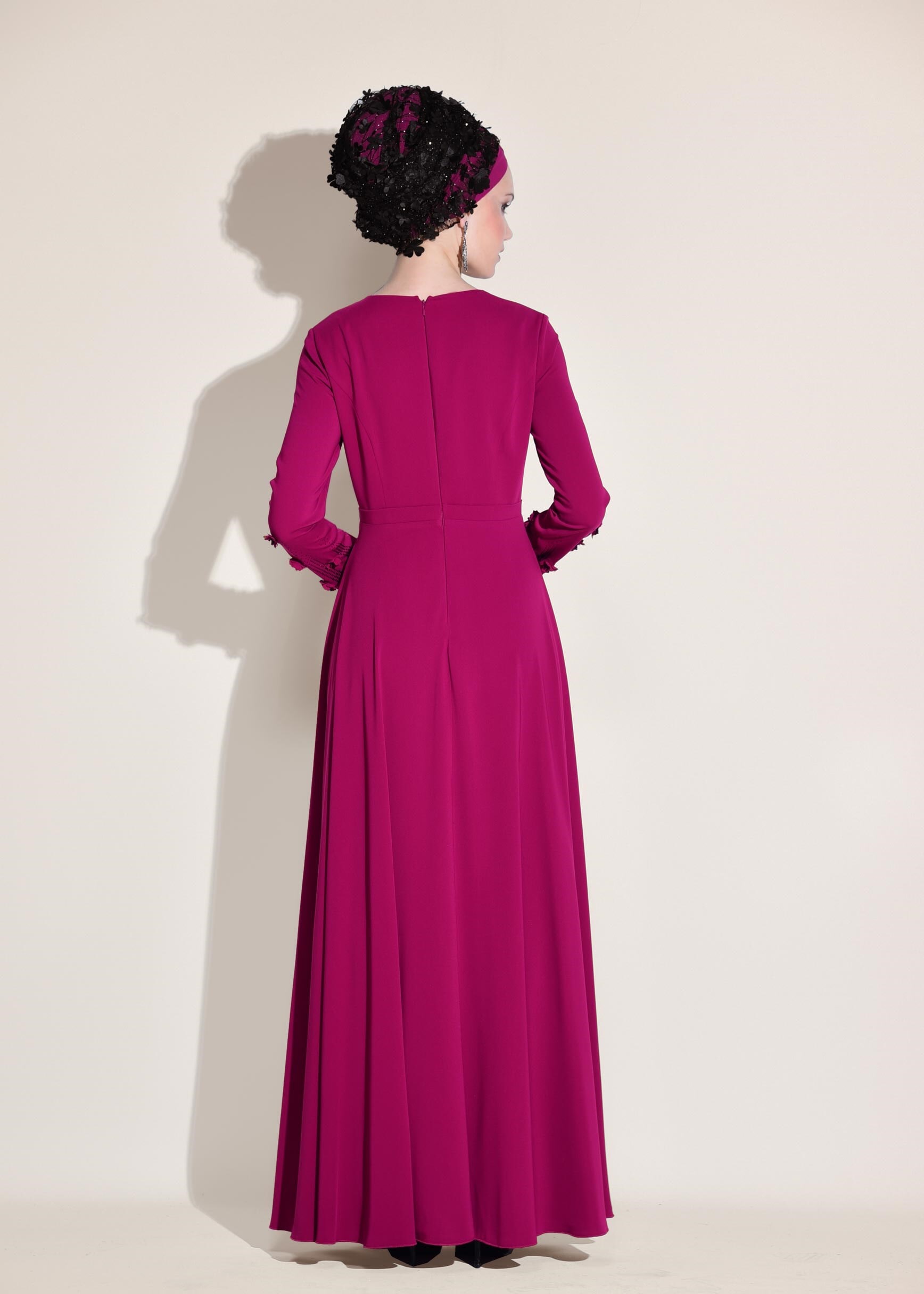 Tesettür giyim FUŞYA ÜÇ BOYUTLU ÇİÇEK DETAYLI ABİYE ELBİSE 5438