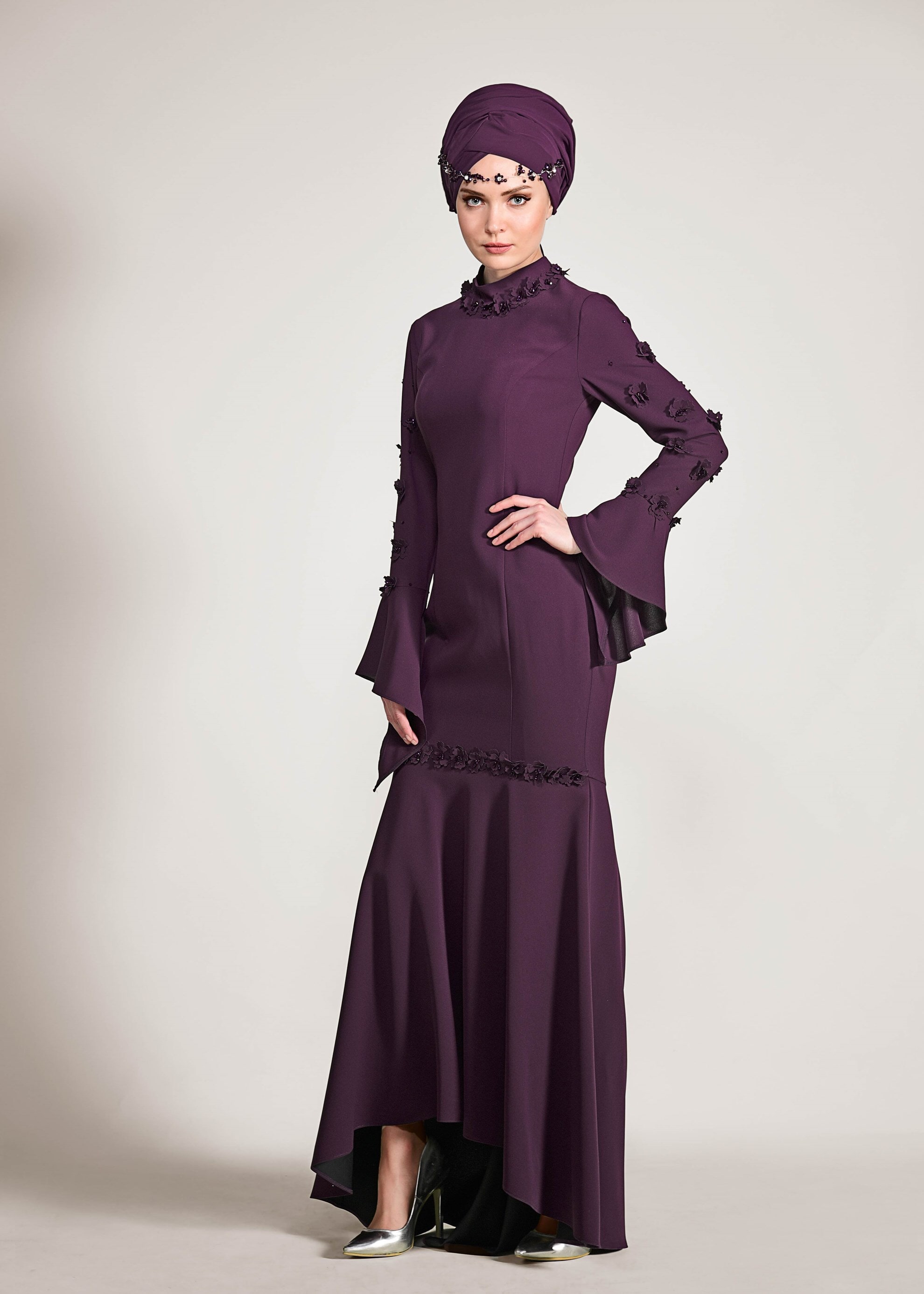 Tesettür giyim MOR ÜÇ BOYUT ÇİÇEKLİ VOLANLI ABİYE ELBİSE 5444 