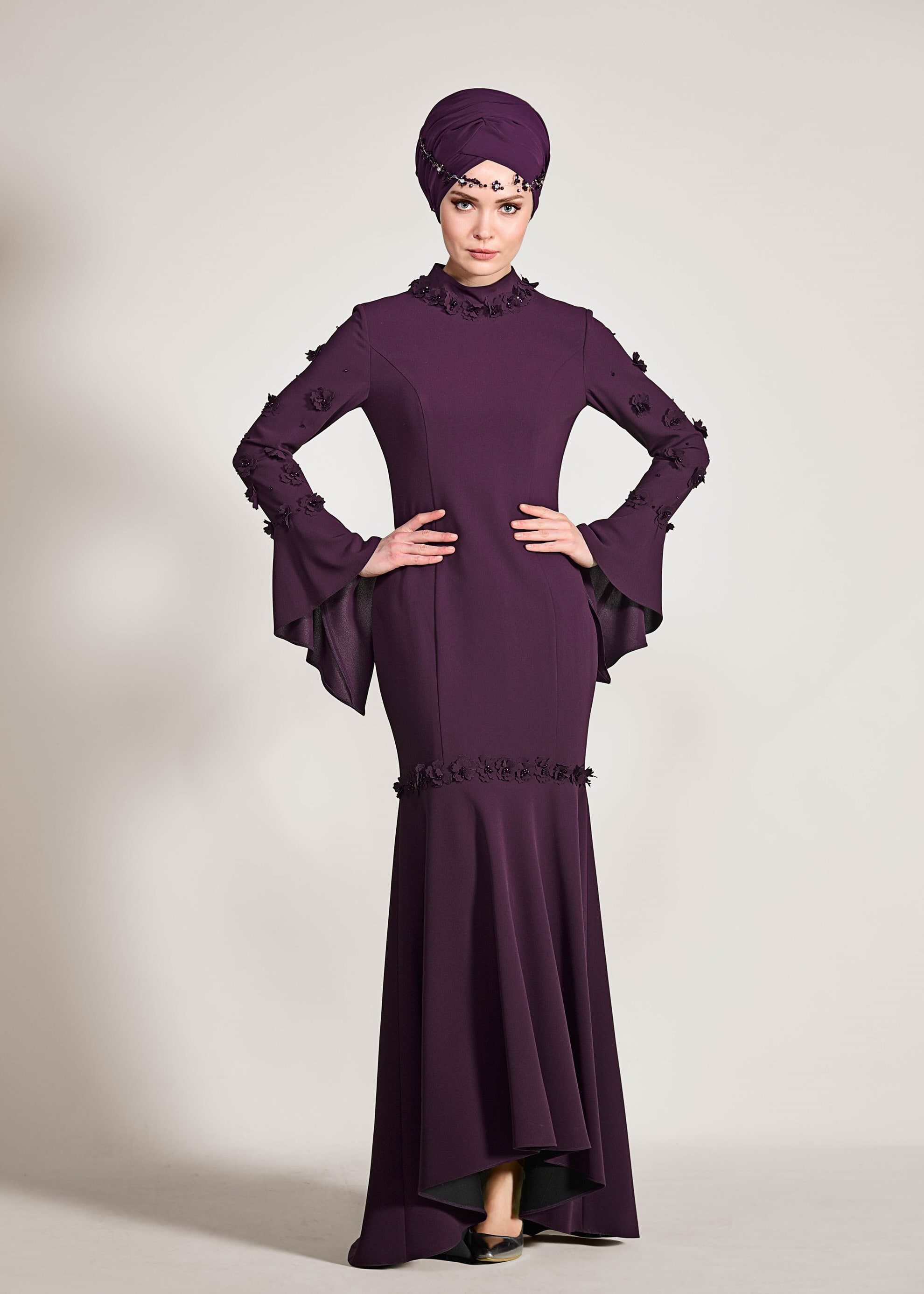 Tesettür giyim MOR ÜÇ BOYUT ÇİÇEKLİ VOLANLI ABİYE ELBİSE 5444 