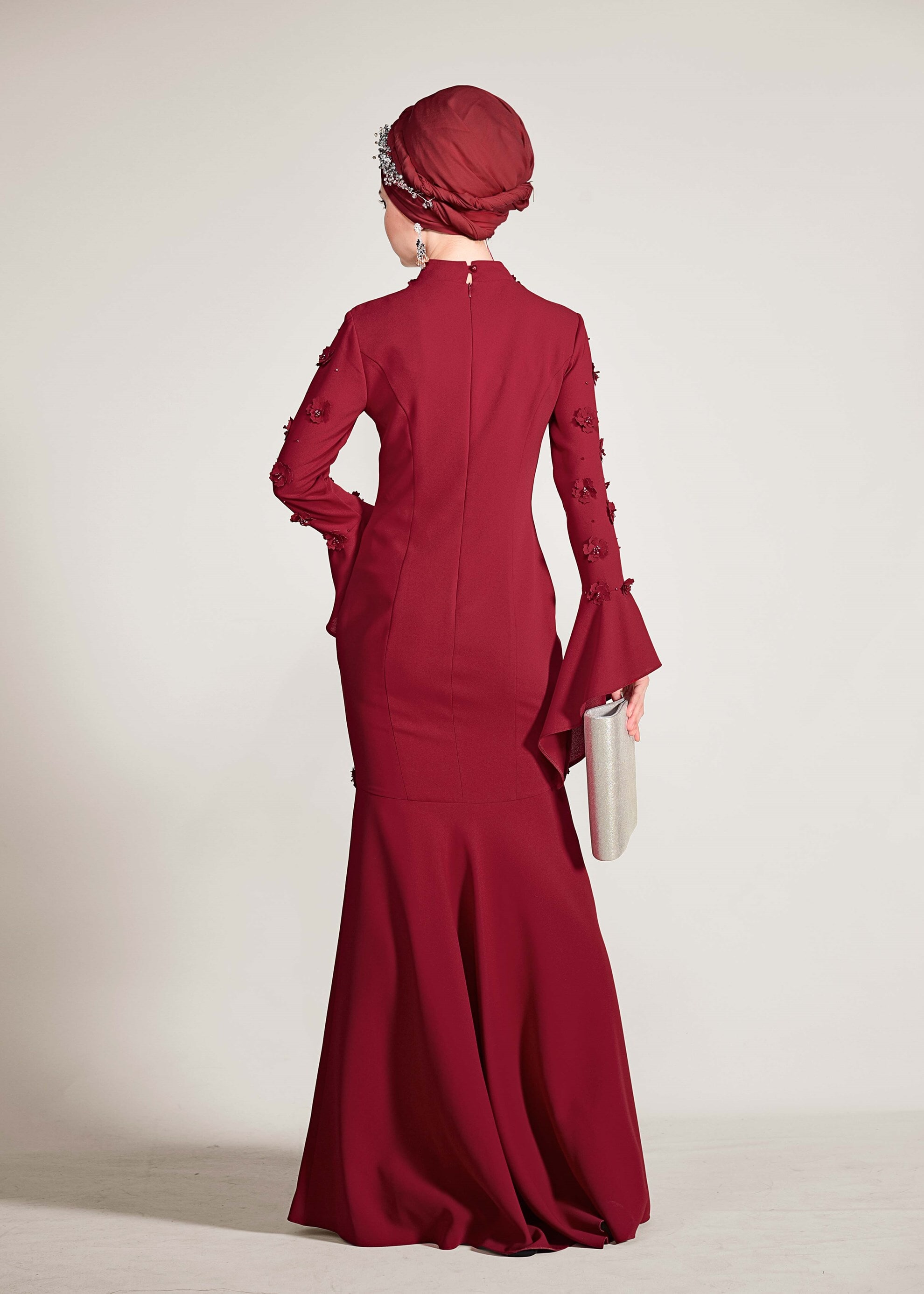 Tesettür giyim BORDO ÜÇ BOYUT ÇİÇEKLİ VOLANLI ABİYE ELBİSE 5444 