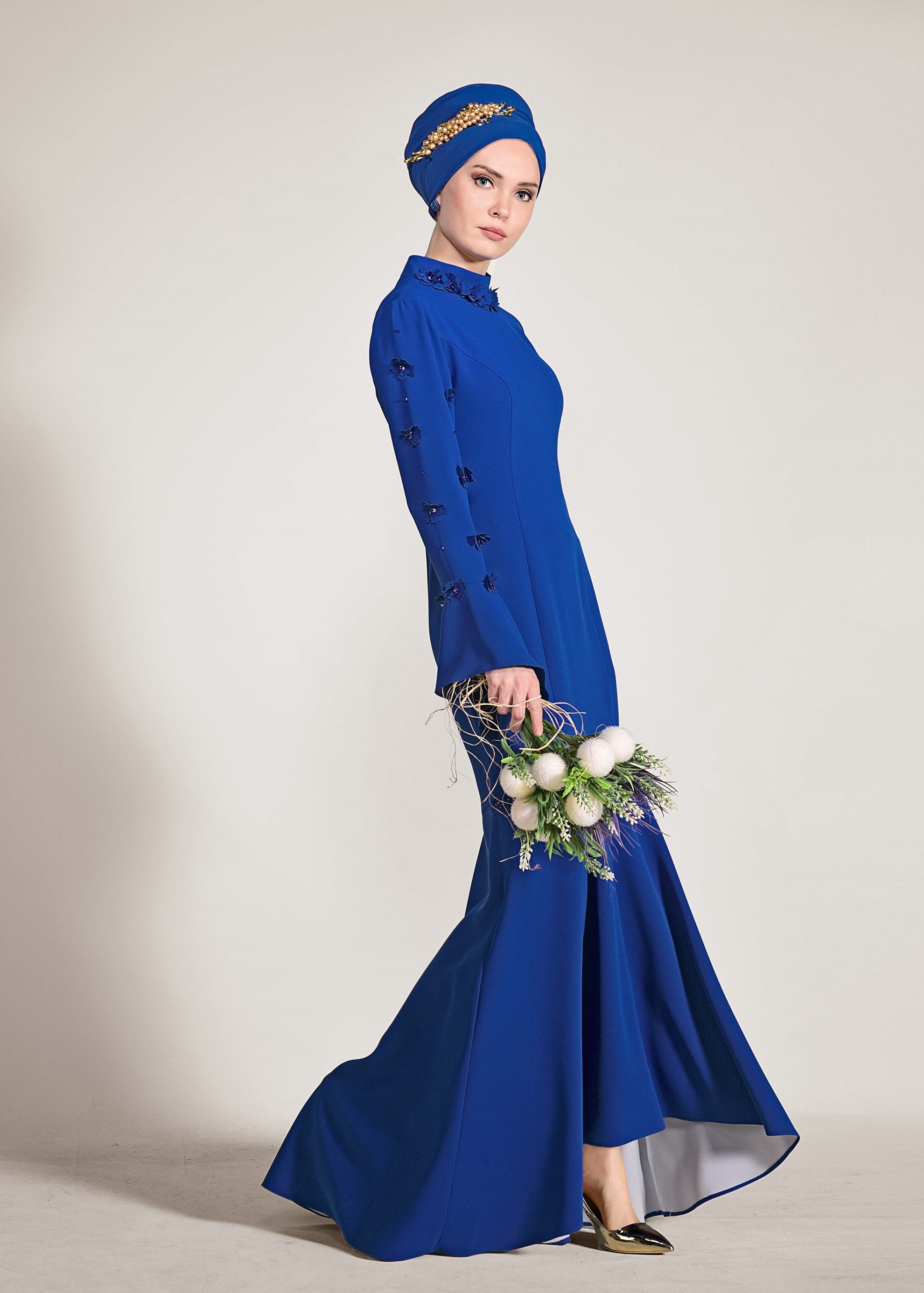 Tesettür giyim LACİVERT ÜÇ BOYUT ÇİÇEKLİ VOLANLI ABİYE ELBİSE 5444 