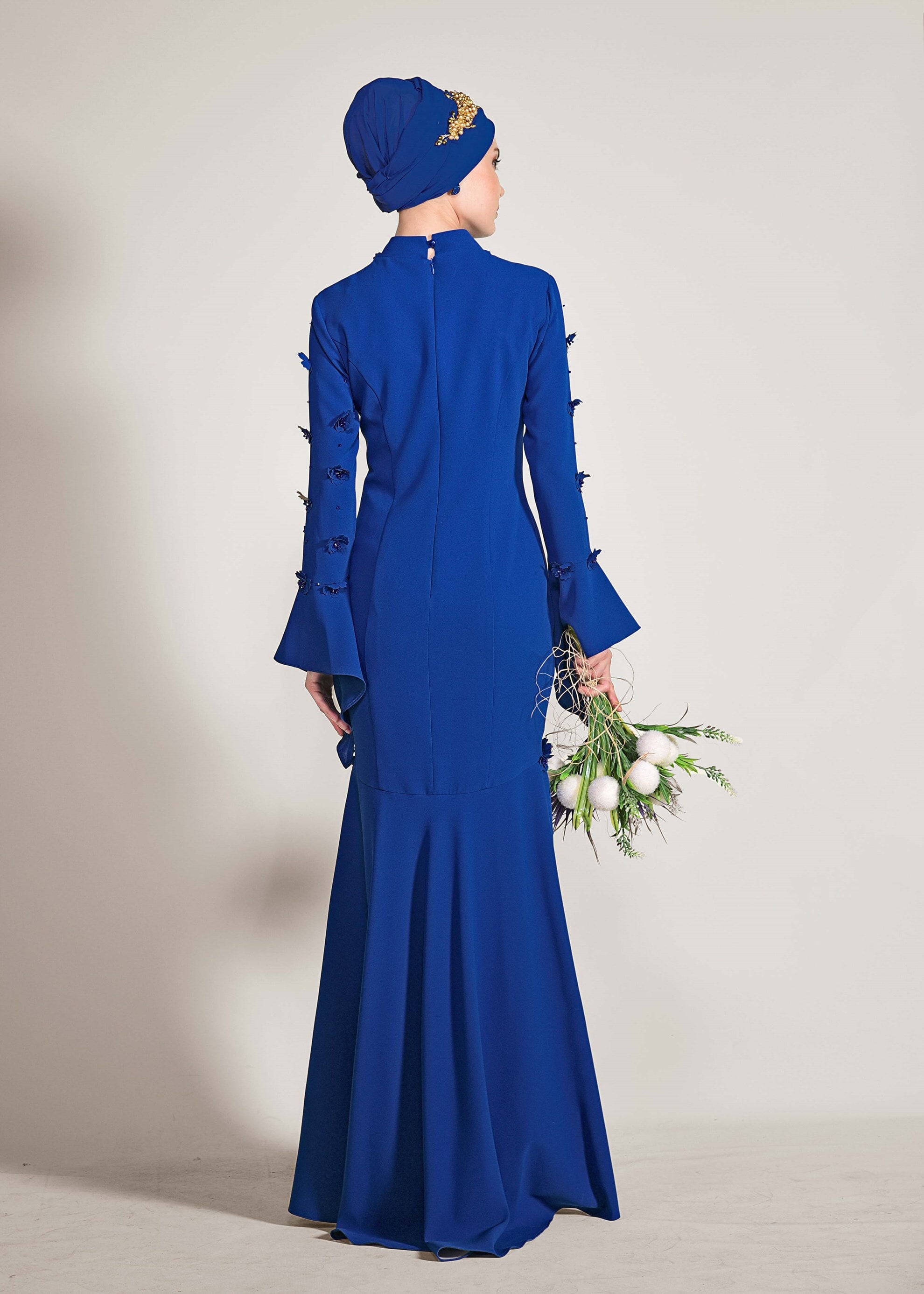 Tesettür giyim LACİVERT ÜÇ BOYUT ÇİÇEKLİ VOLANLI ABİYE ELBİSE 5444 