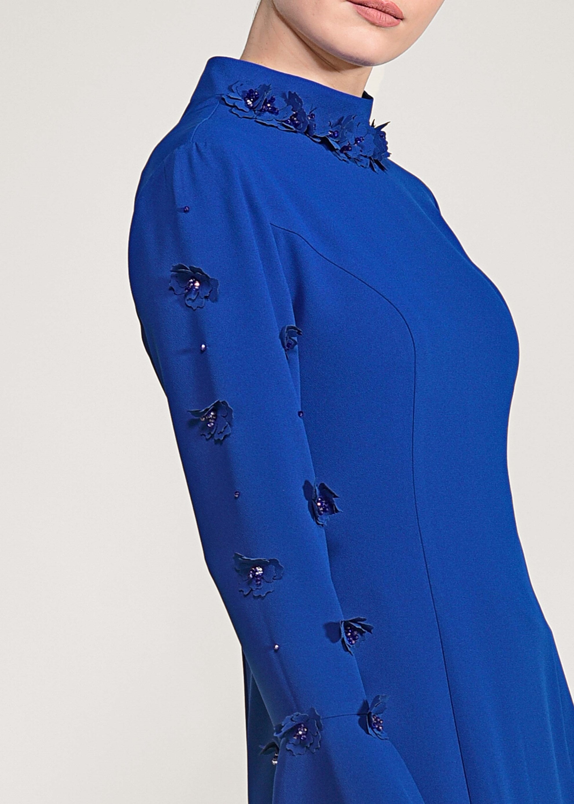 Tesettür giyim LACİVERT ÜÇ BOYUT ÇİÇEKLİ VOLANLI ABİYE ELBİSE 5444 