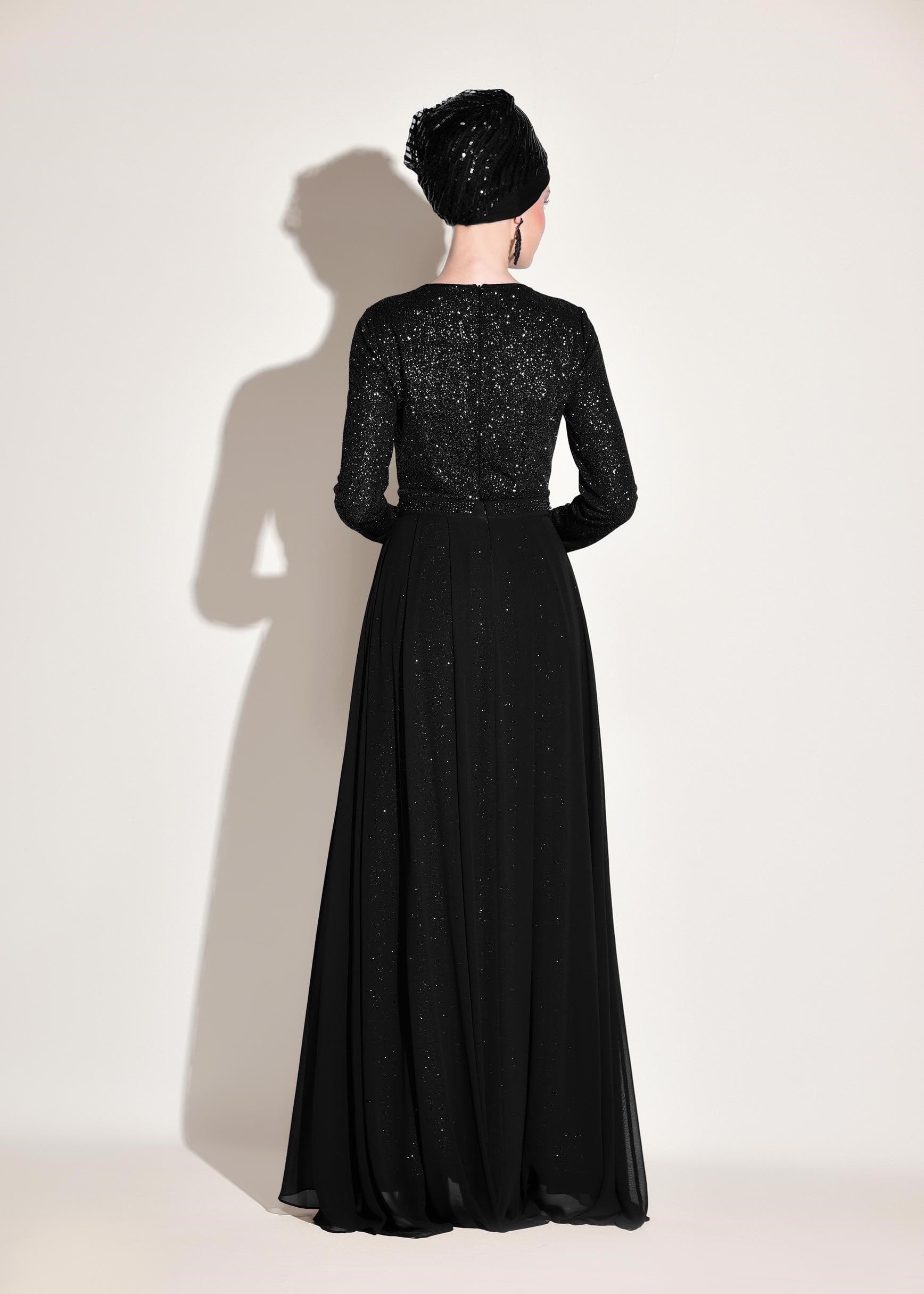 Tesettür giyim SİYAH ŞİFON ETEK DETAYLI SİMLİ 2&prime;Lİ ELBİSELİ ABİYE 5447 