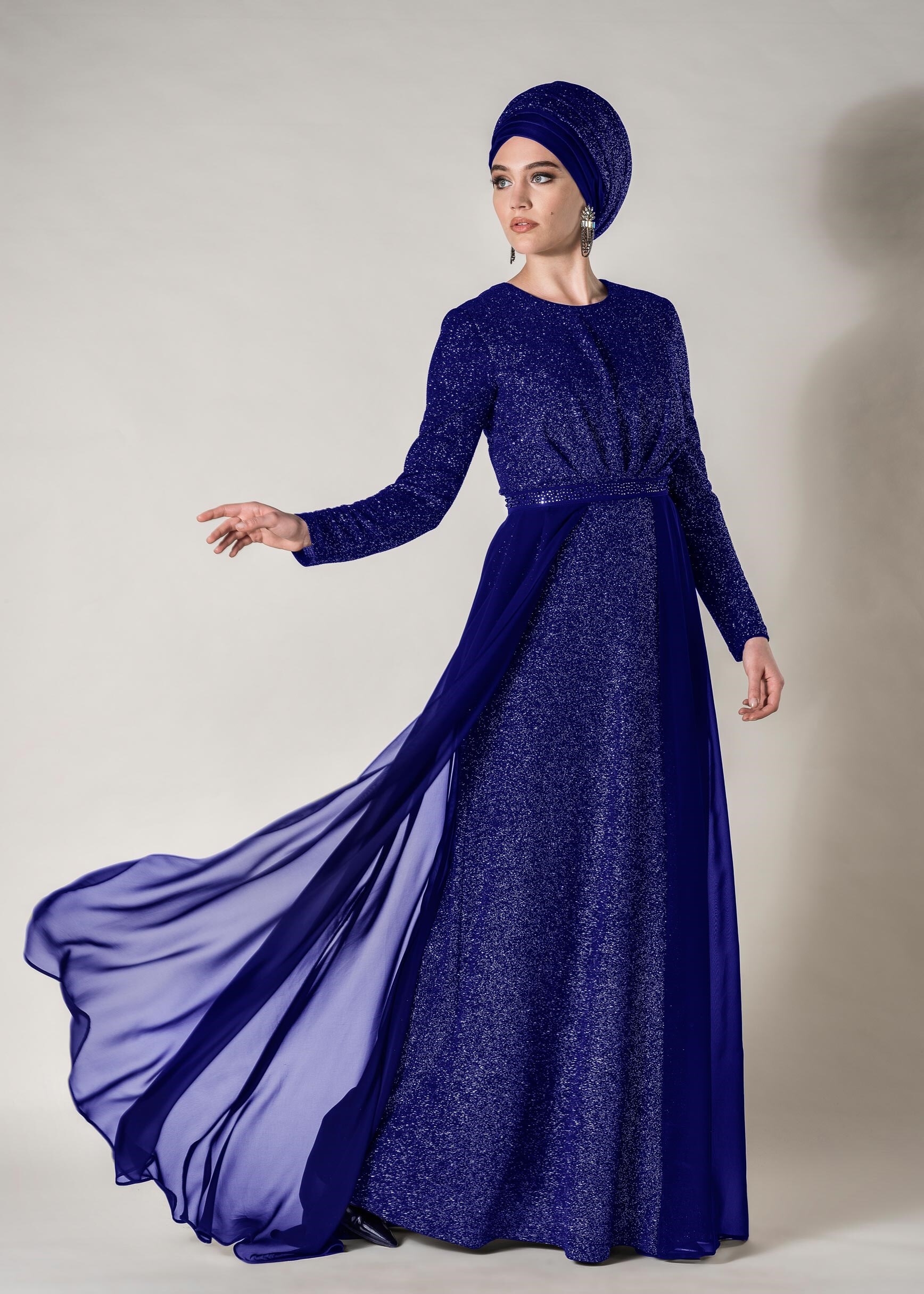 Tesettür giyim LACİVERT ŞİFON ETEK DETAYLI SİMLİ 2&prime;Lİ ELBİSELİ ABİYE 5447 