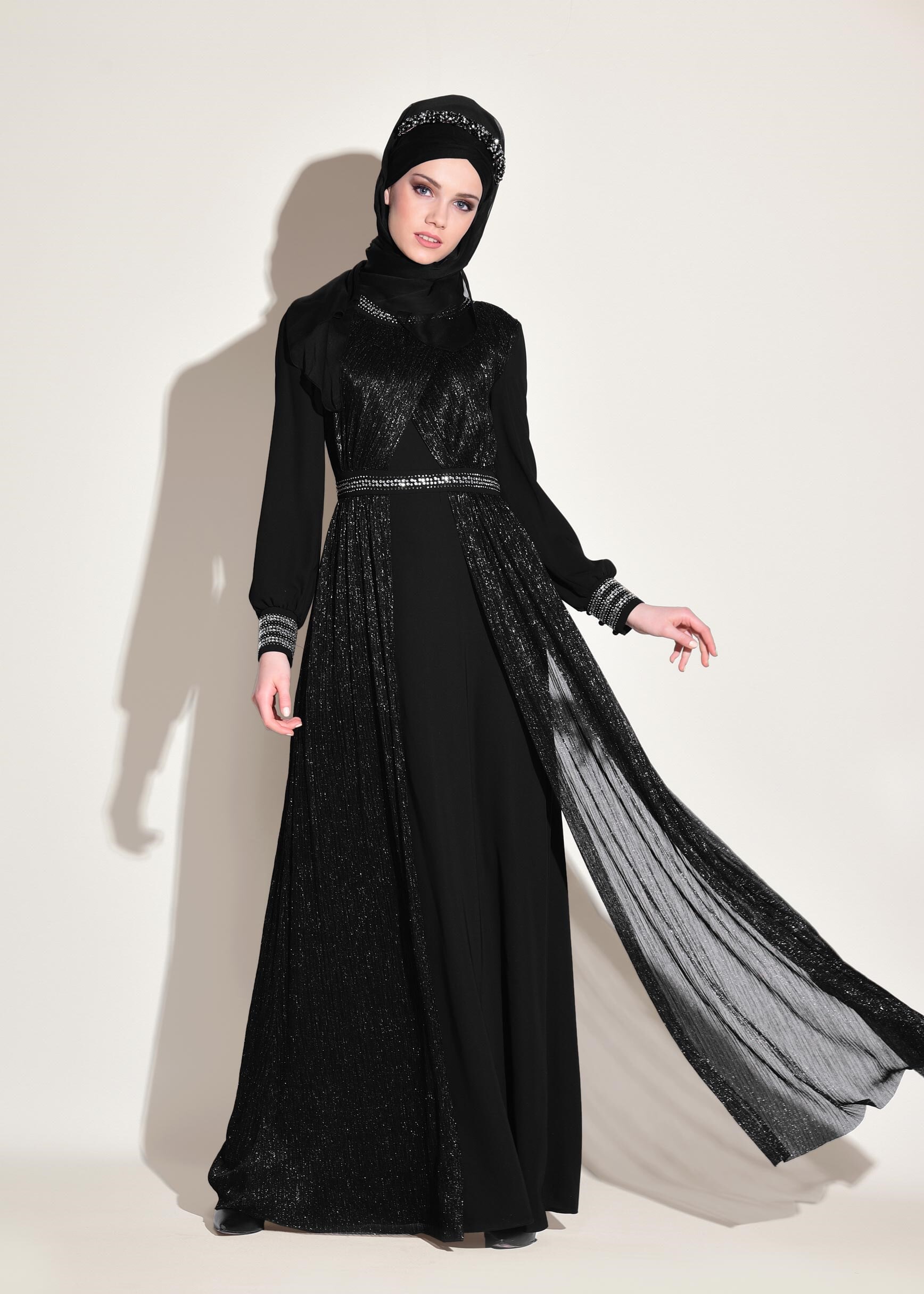 Tesettür giyim SİYAH TAŞ BASKILI SİMLİ ABİYE ELBİSE 5450 