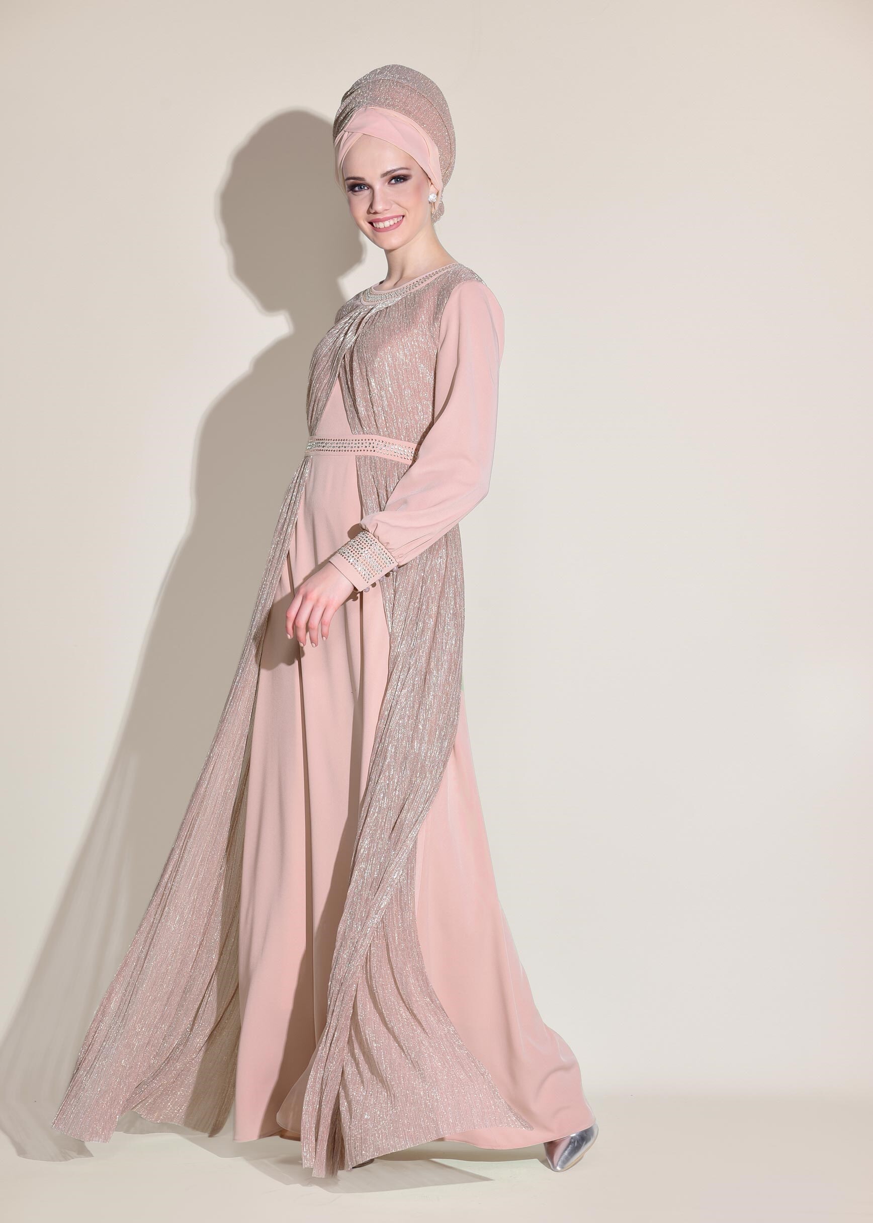 Tesettür giyim PUDRA TAŞ BASKILI SİMLİ ABİYE ELBİSE 5450 