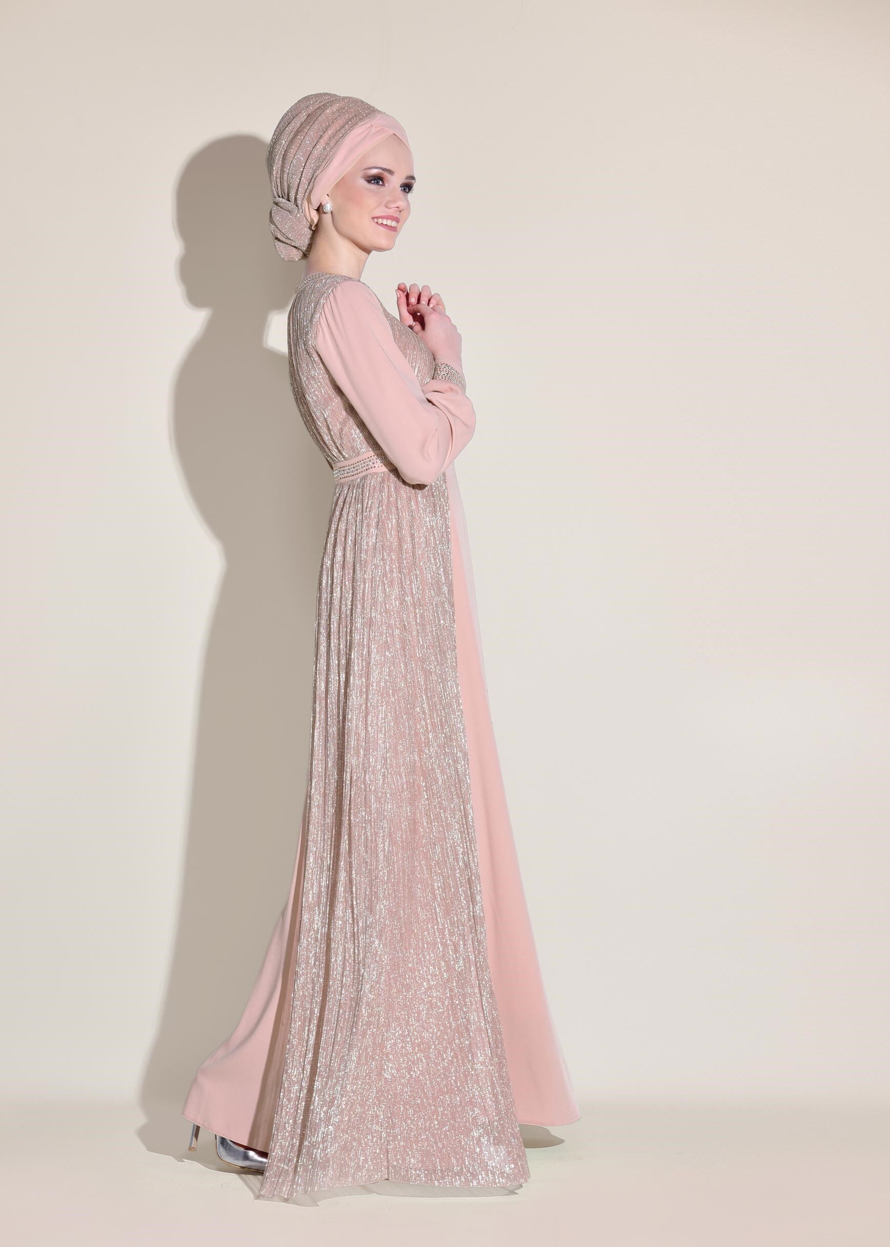 Tesettür giyim PUDRA TAŞ BASKILI SİMLİ ABİYE ELBİSE 5450 