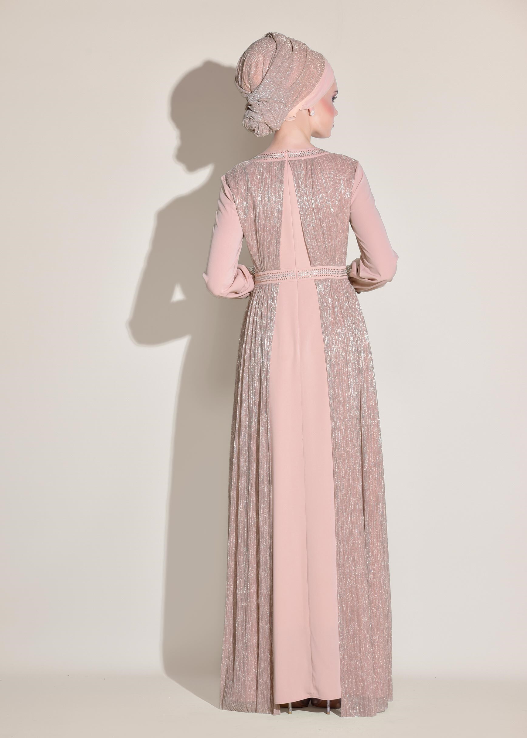 Tesettür giyim PUDRA TAŞ BASKILI SİMLİ ABİYE ELBİSE 5450 