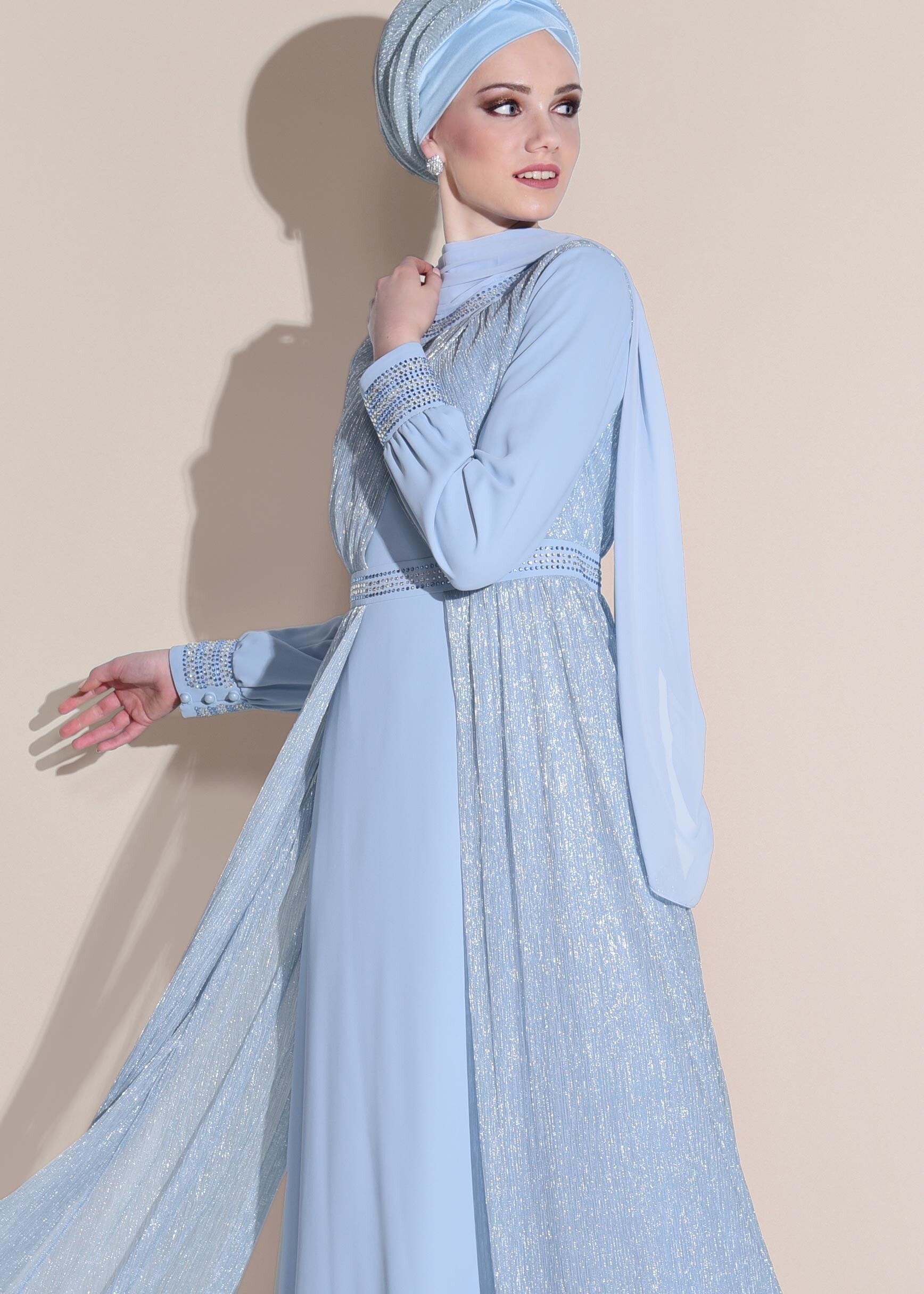 Tesettür giyim MAVİ TAŞ BASKILI SİMLİ ABİYE ELBİSE 5450 