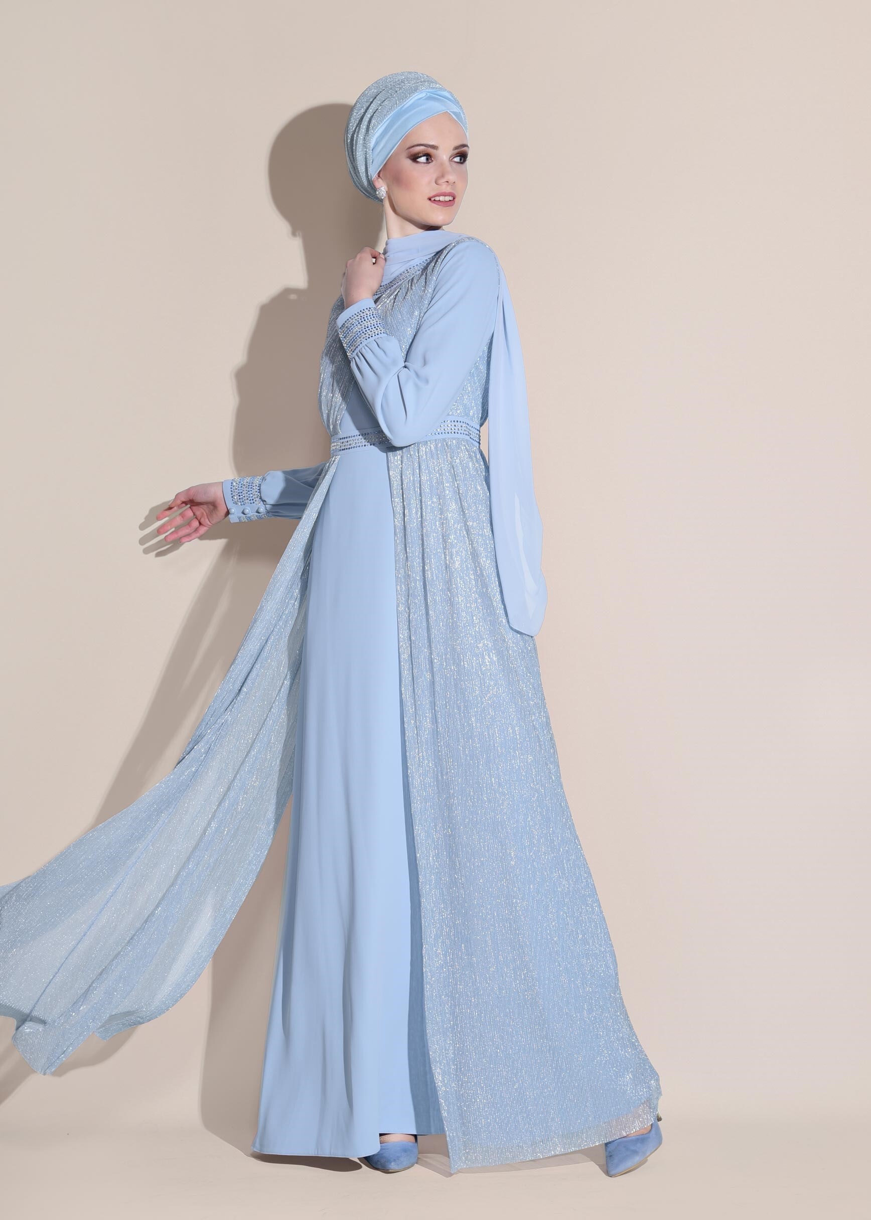 Tesettür giyim MAVİ TAŞ BASKILI SİMLİ ABİYE ELBİSE 5450 