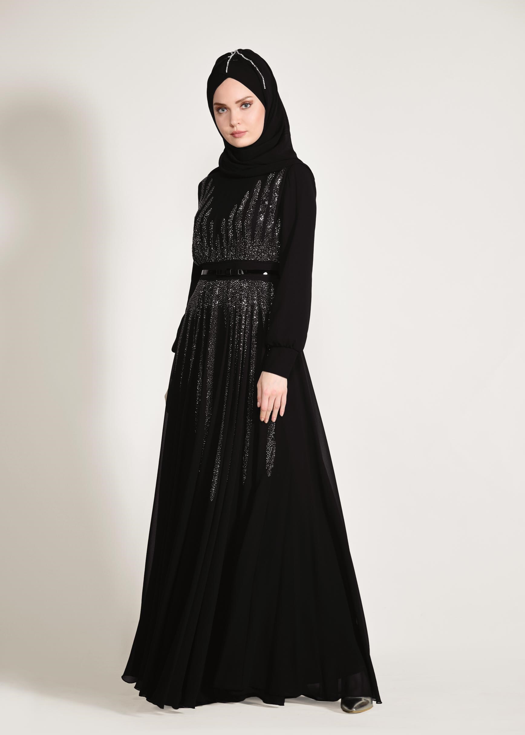 Tesettür giyim SİYAH TAŞ BASKILI M.ŞİFON ABİYE ELBİSE 5453