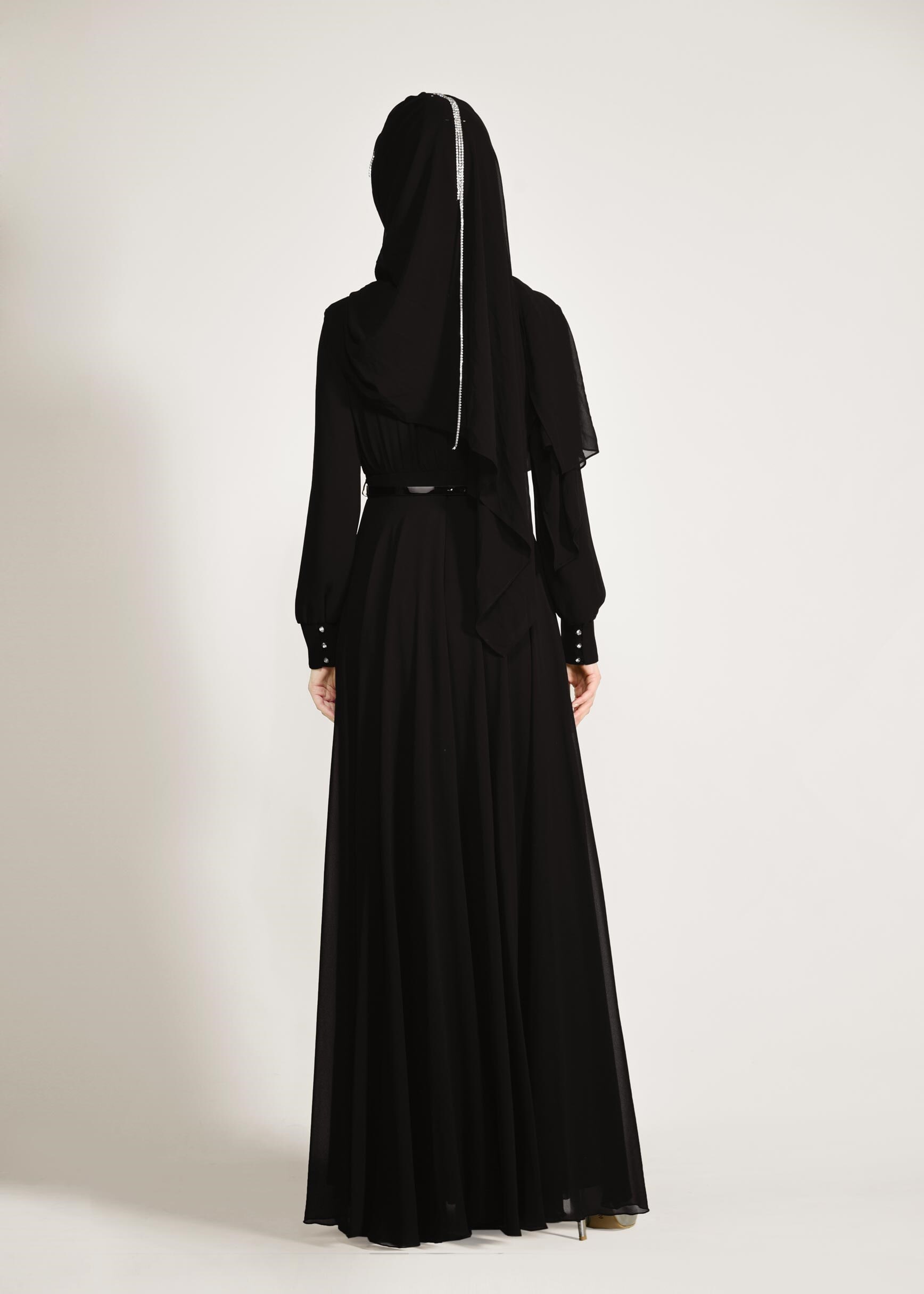 Tesettür giyim SİYAH TAŞ BASKILI M.ŞİFON ABİYE ELBİSE 5453