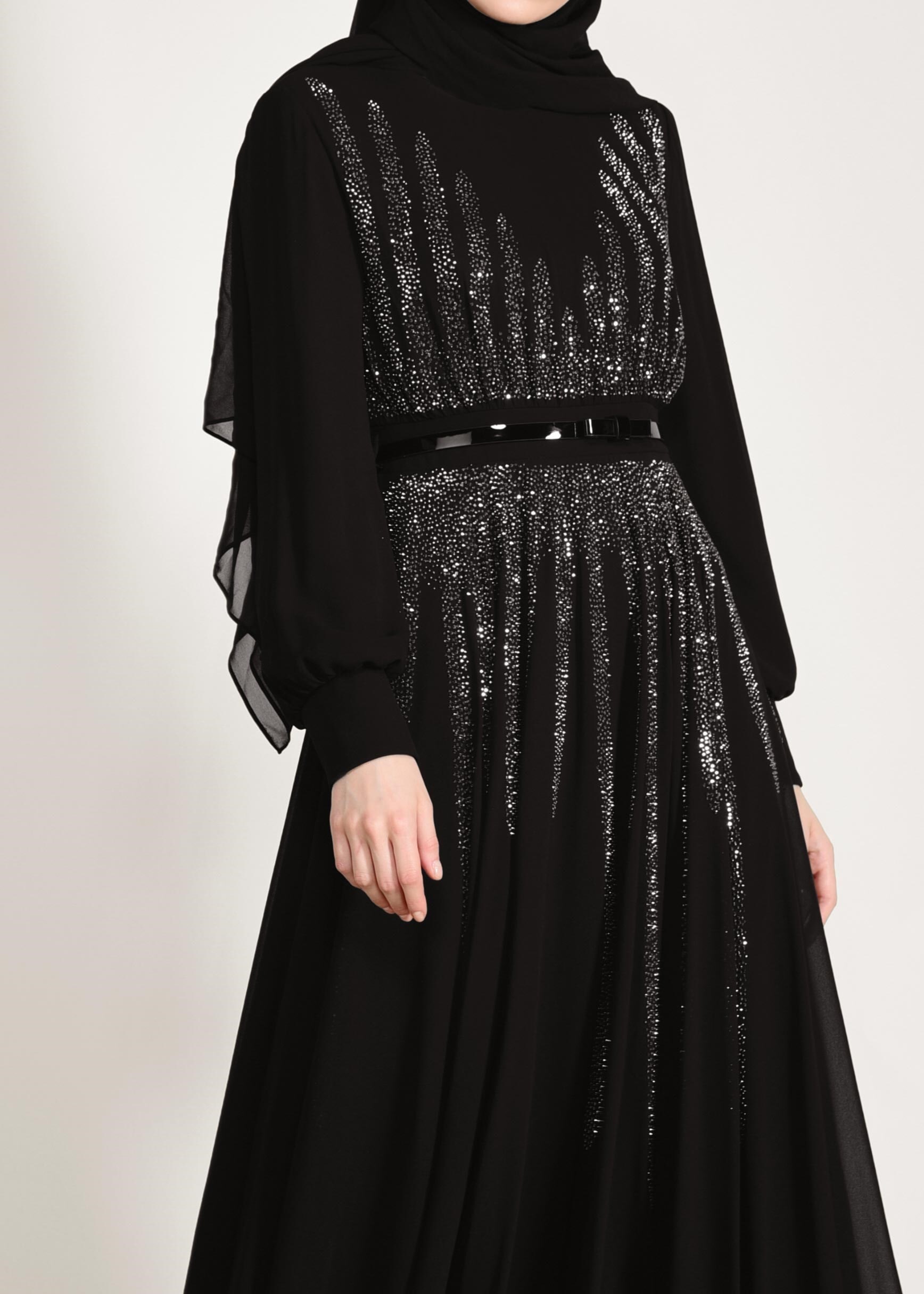 Tesettür giyim SİYAH TAŞ BASKILI M.ŞİFON ABİYE ELBİSE 5453