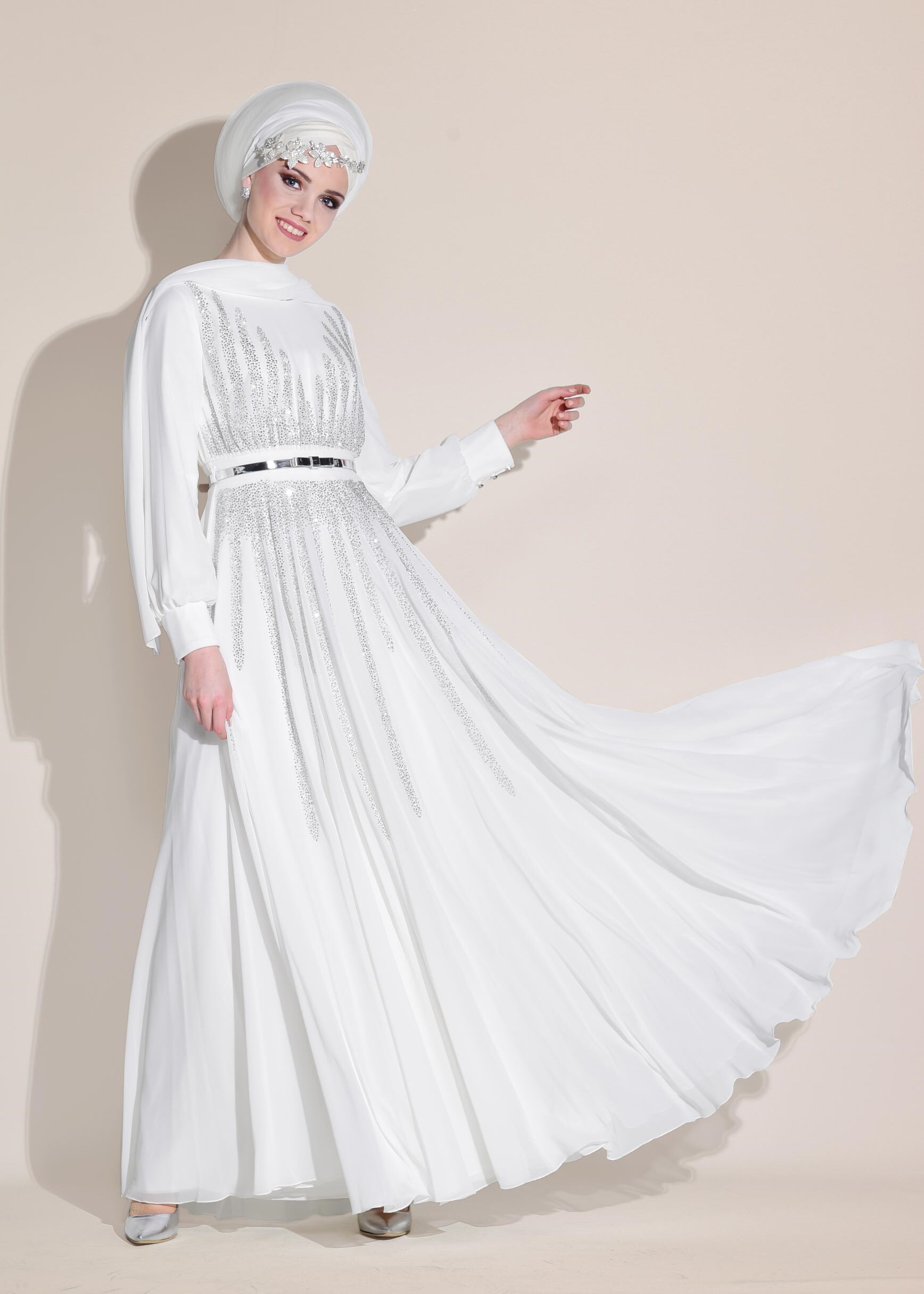 Tesettür giyim BEYAZ TAŞ BASKILI M.ŞİFON ABİYE ELBİSE 5453