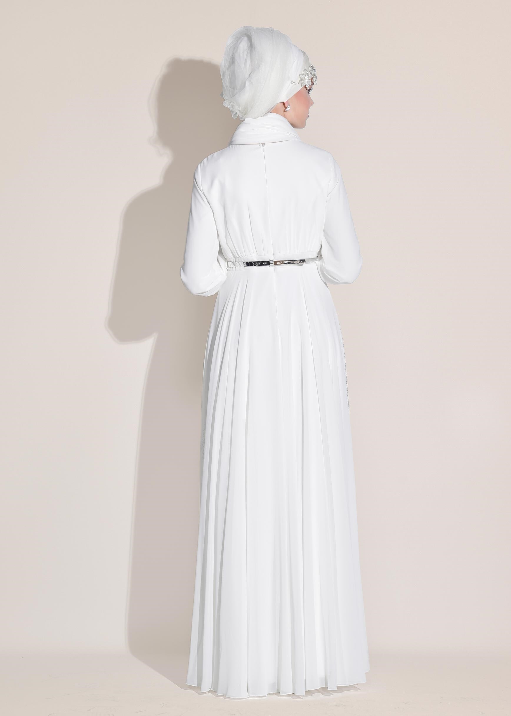 Tesettür giyim BEYAZ TAŞ BASKILI M.ŞİFON ABİYE ELBİSE 5453