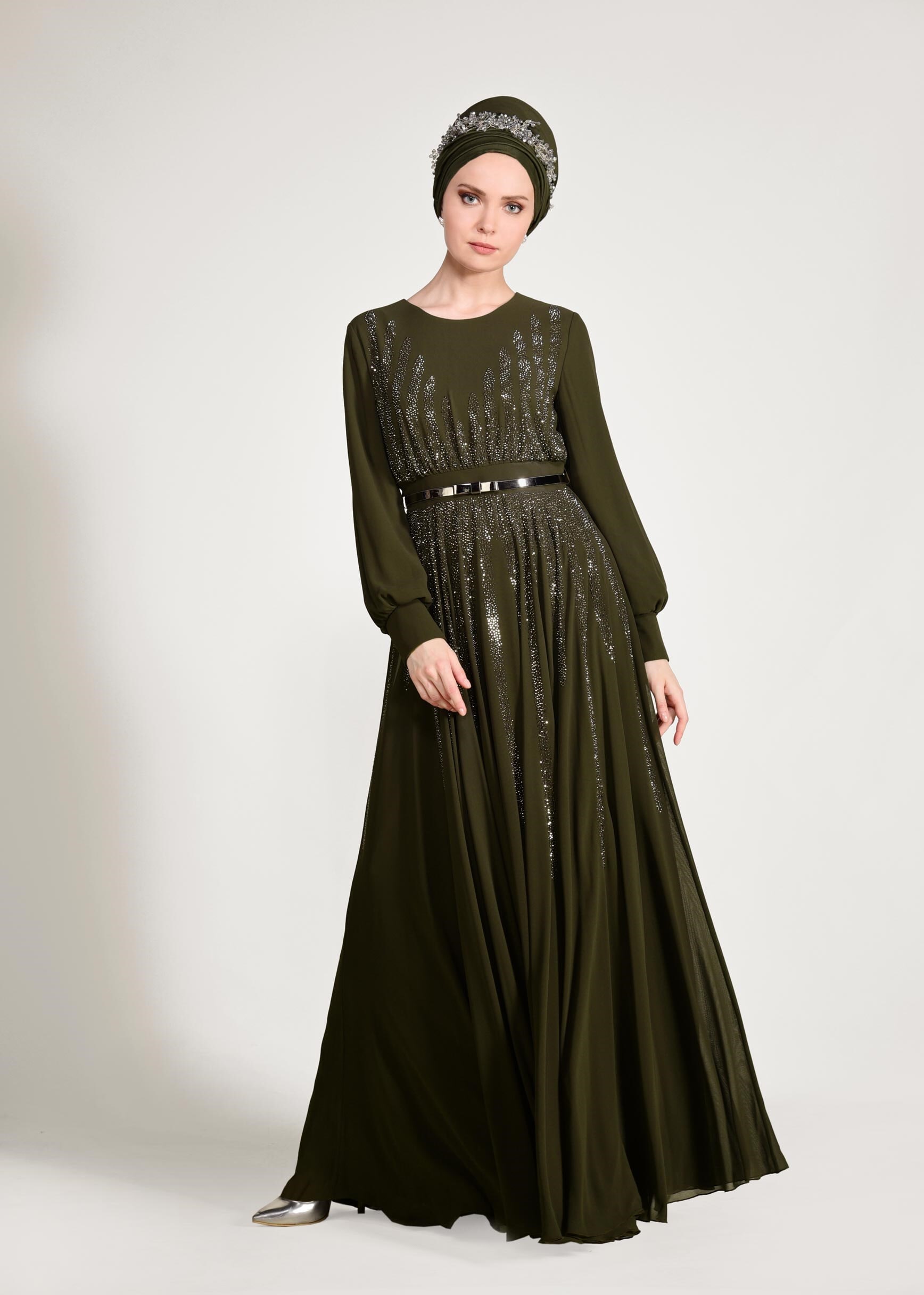 Tesettür giyim HAKİ TAŞ BASKILI M.ŞİFON ABİYE ELBİSE 5453