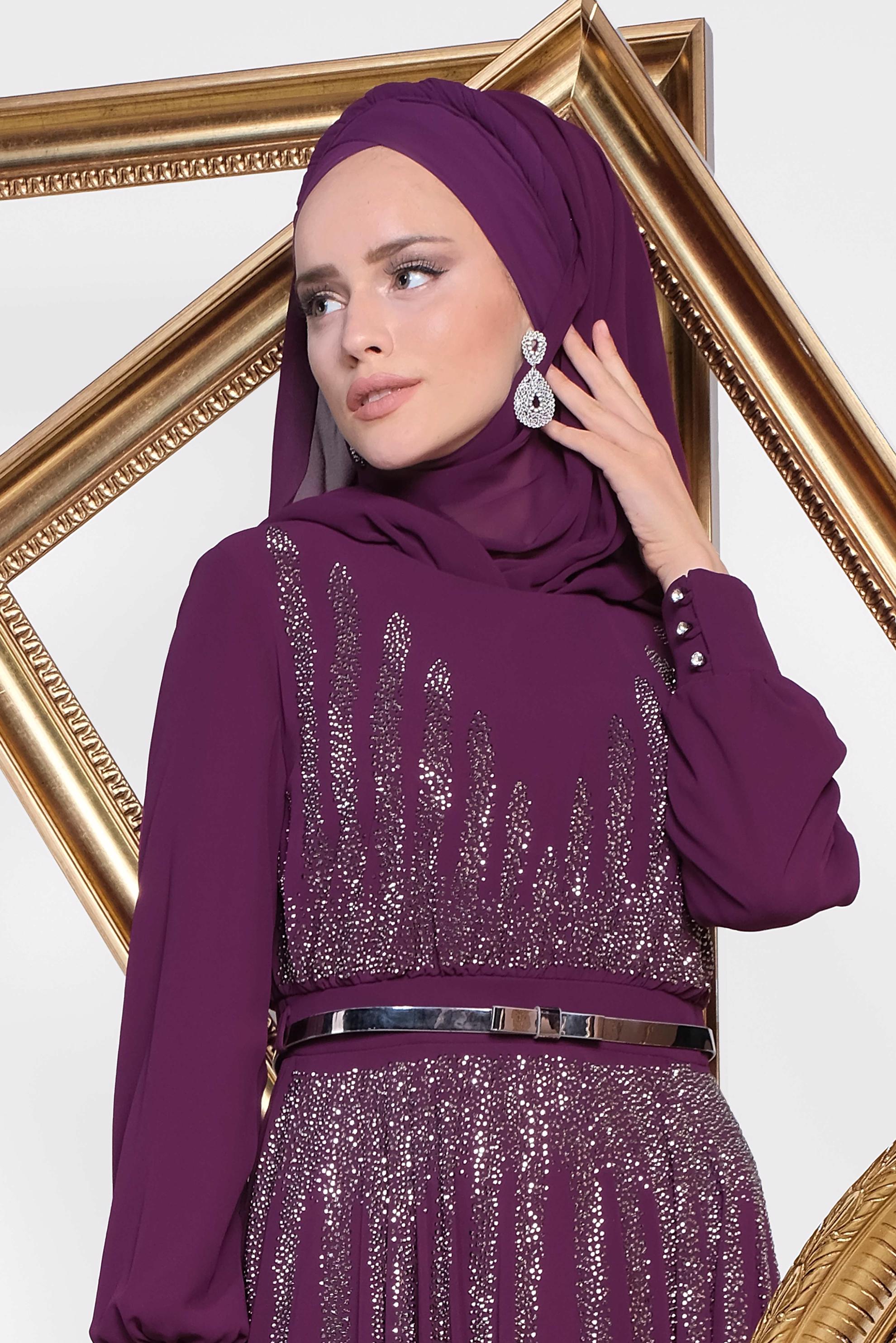 Tesettür giyim MÜRDÜM TAŞ BASKILI M.ŞİFON ABİYE ELBİSE 5453