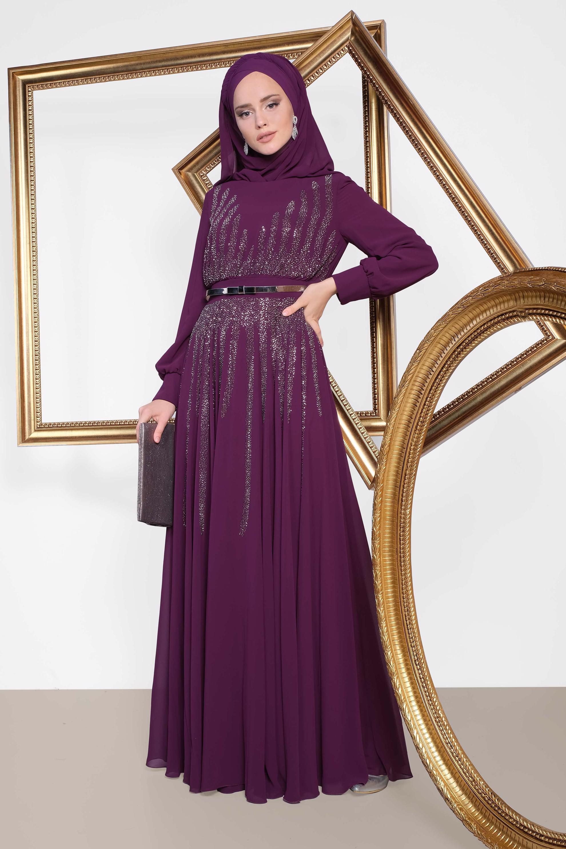 Tesettür giyim MÜRDÜM TAŞ BASKILI M.ŞİFON ABİYE ELBİSE 5453