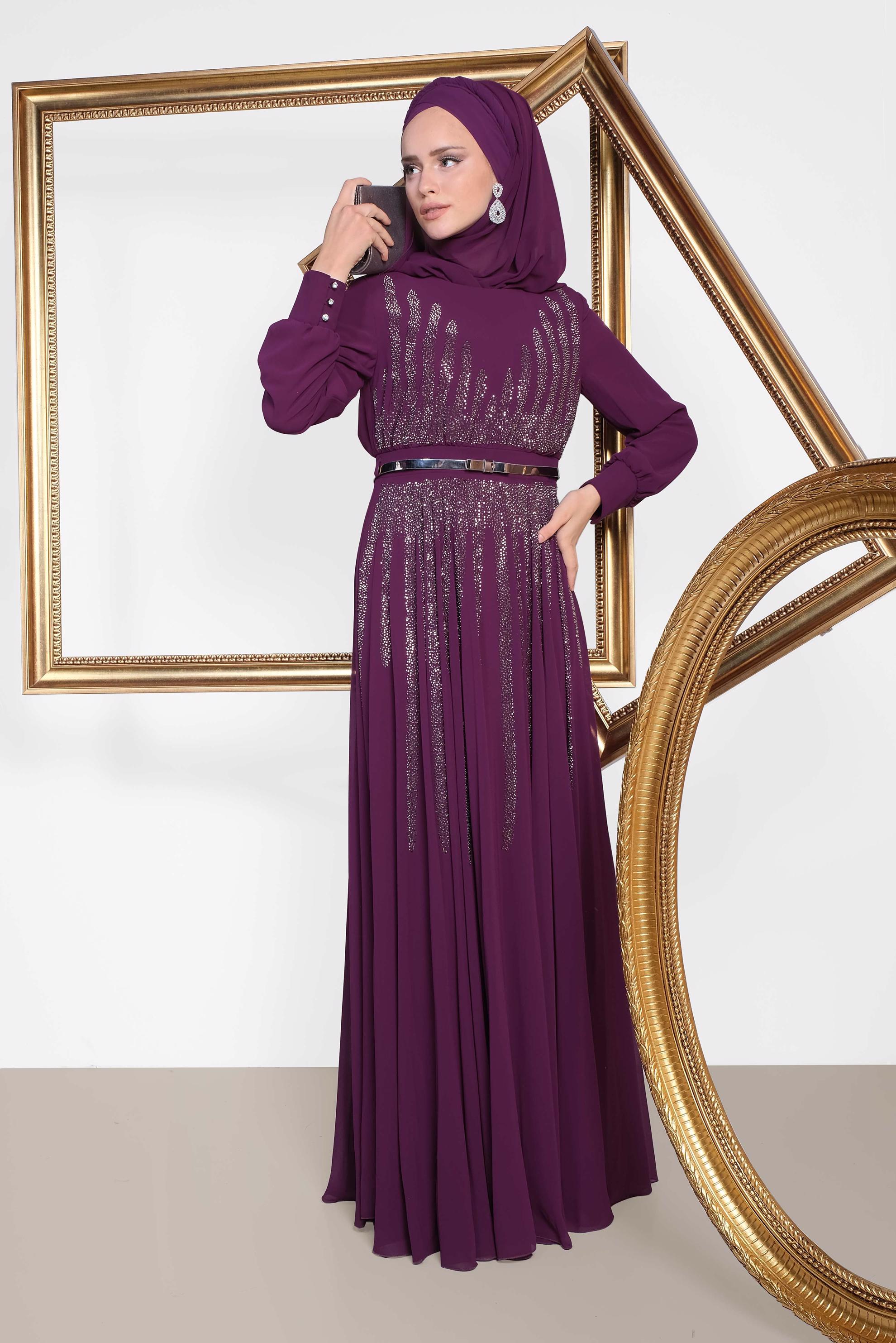 Tesettür giyim MÜRDÜM TAŞ BASKILI M.ŞİFON ABİYE ELBİSE 5453