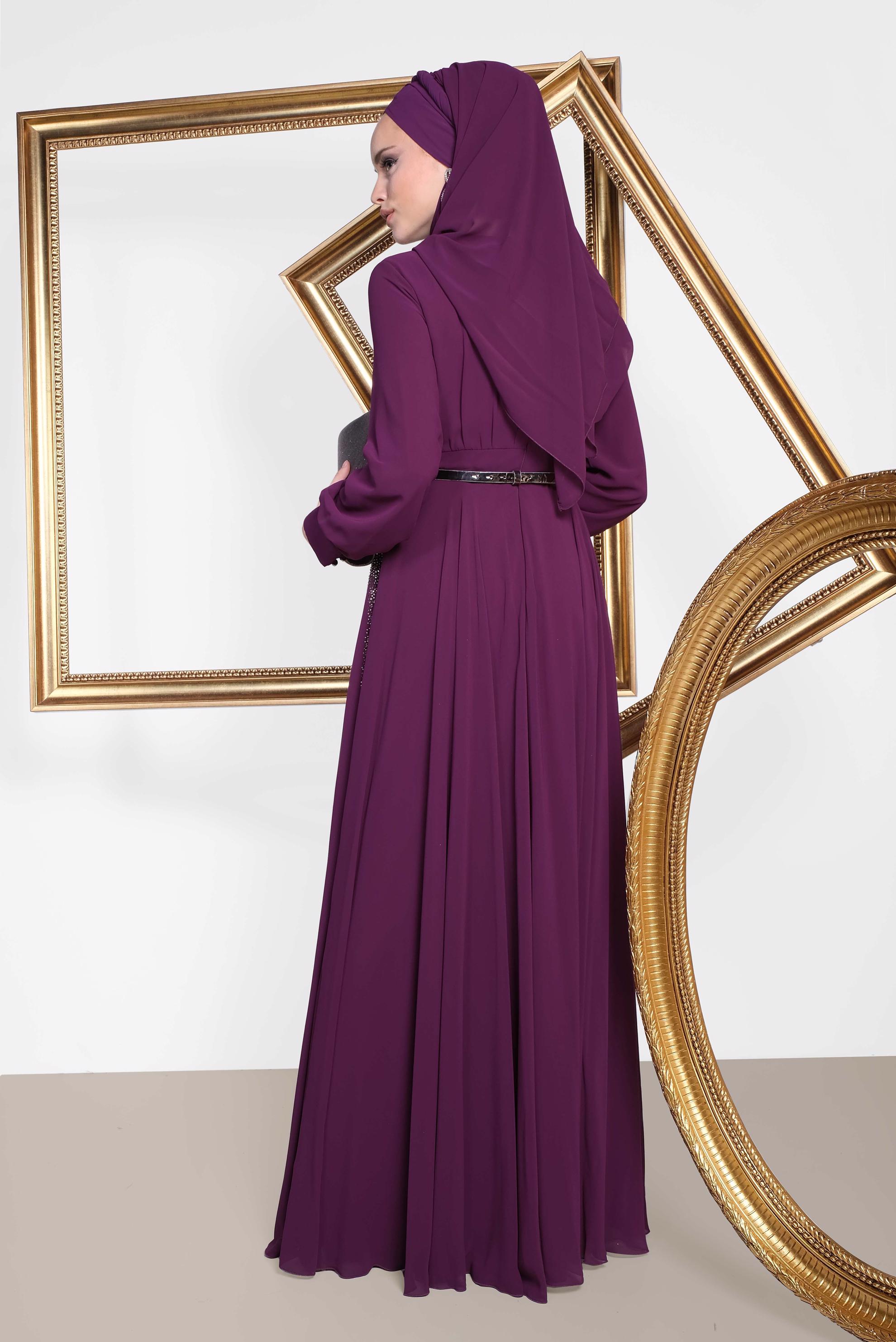 Tesettür giyim MÜRDÜM TAŞ BASKILI M.ŞİFON ABİYE ELBİSE 5453