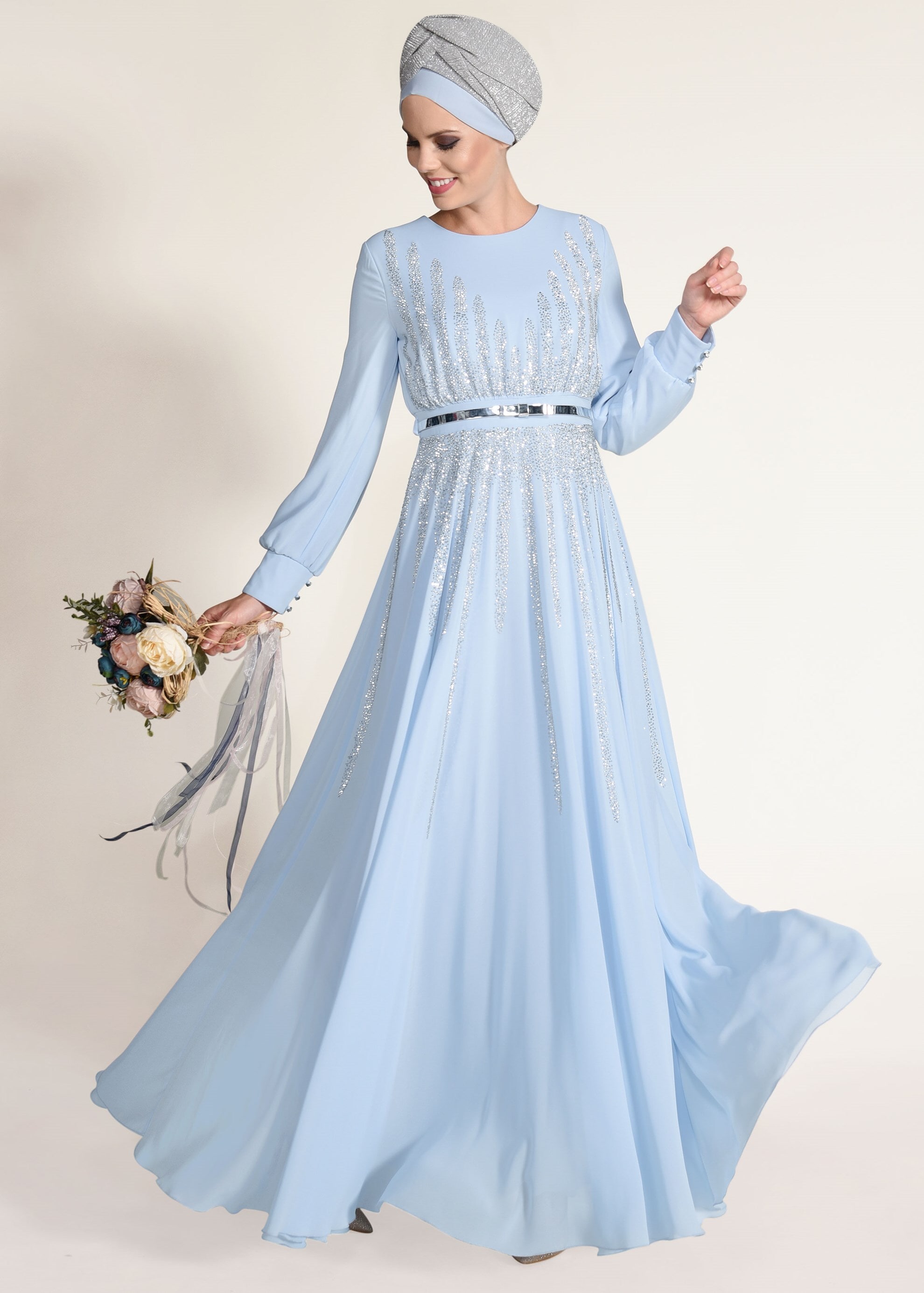 Tesettür giyim MAVİ TAŞ BASKILI M.ŞİFON ABİYE ELBİSE 5453