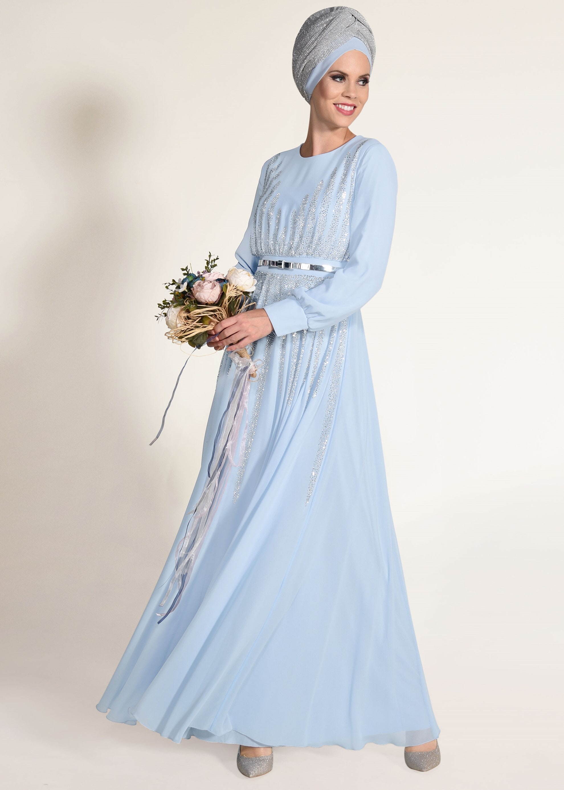 Tesettür giyim MAVİ TAŞ BASKILI M.ŞİFON ABİYE ELBİSE 5453