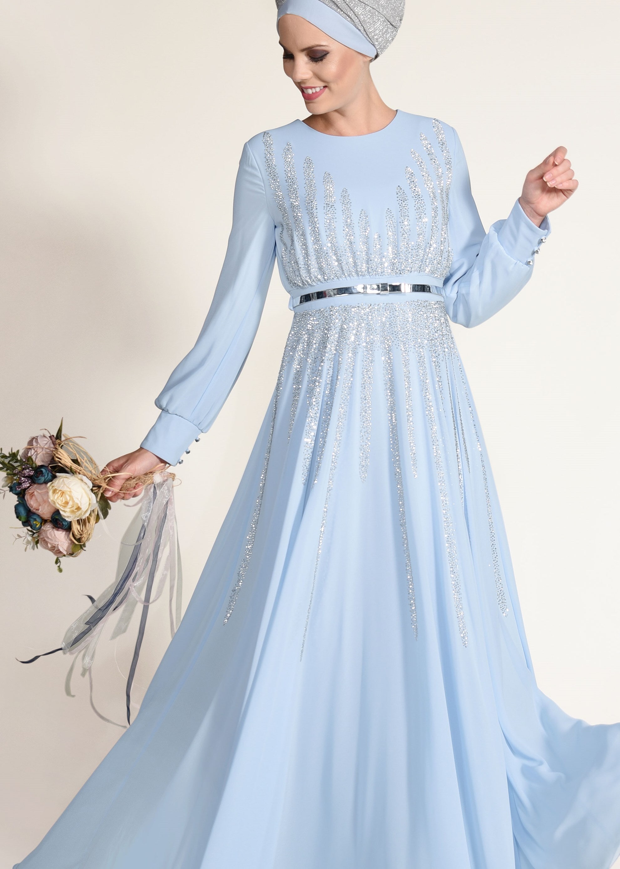 Tesettür giyim MAVİ TAŞ BASKILI M.ŞİFON ABİYE ELBİSE 5453