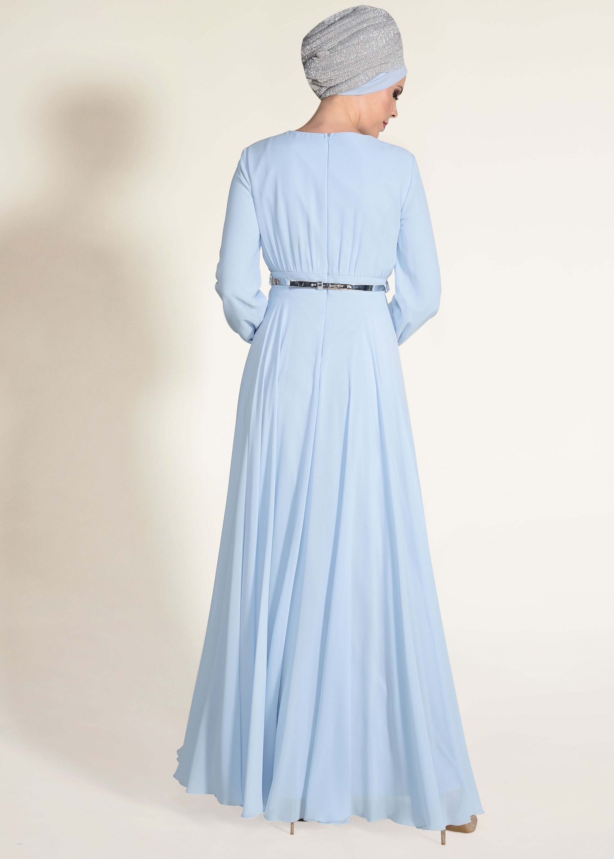 Tesettür giyim MAVİ TAŞ BASKILI M.ŞİFON ABİYE ELBİSE 5453