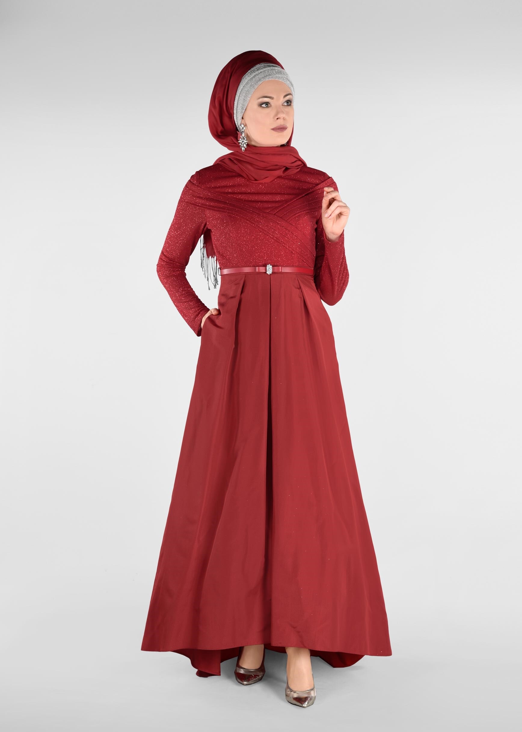 Tesettür giyim KIRMIZI BELİ KEMERLİ TAFTA KUMAŞ ABİYE ELBİSE 5456