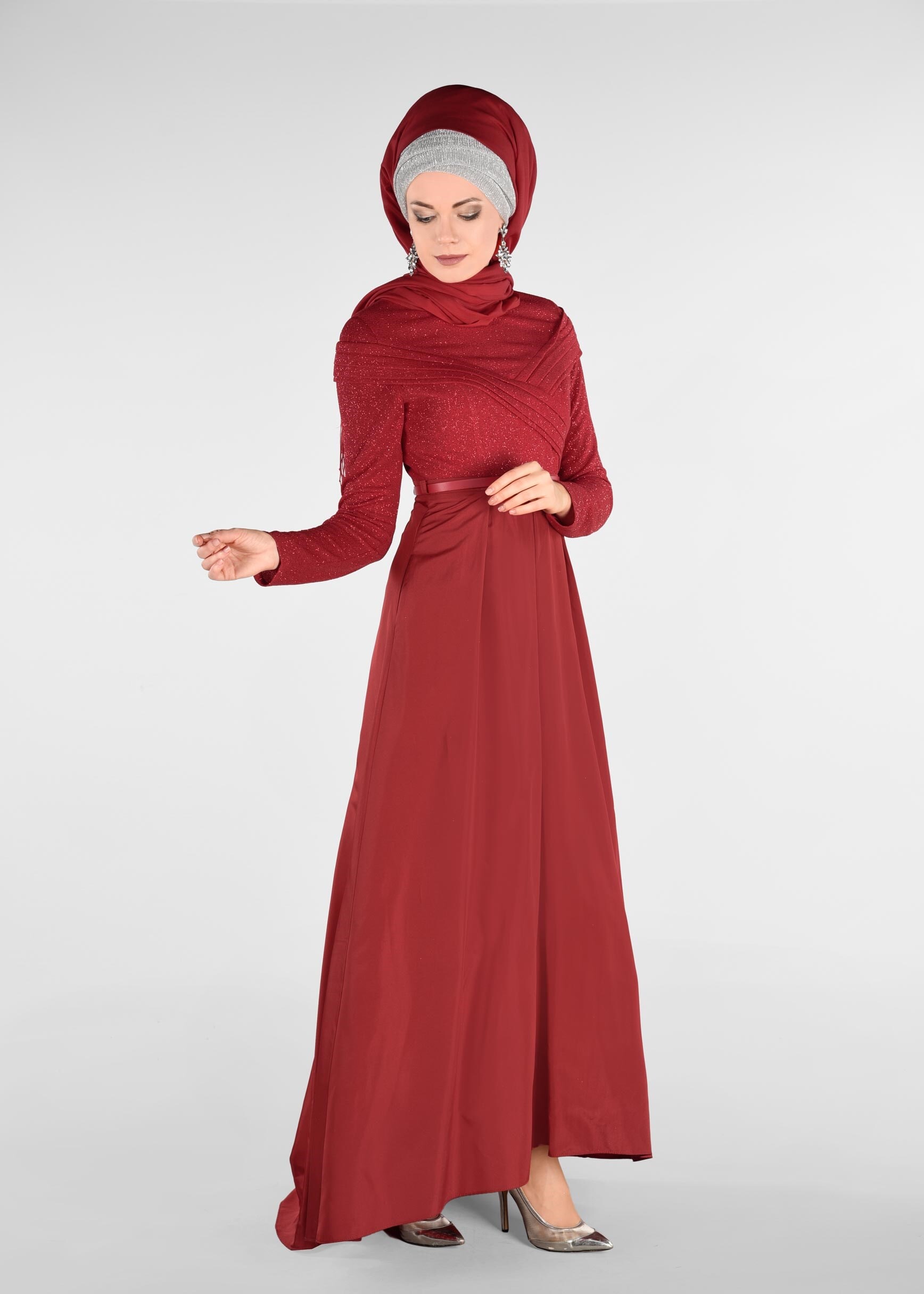 Tesettür giyim KIRMIZI BELİ KEMERLİ TAFTA KUMAŞ ABİYE ELBİSE 5456