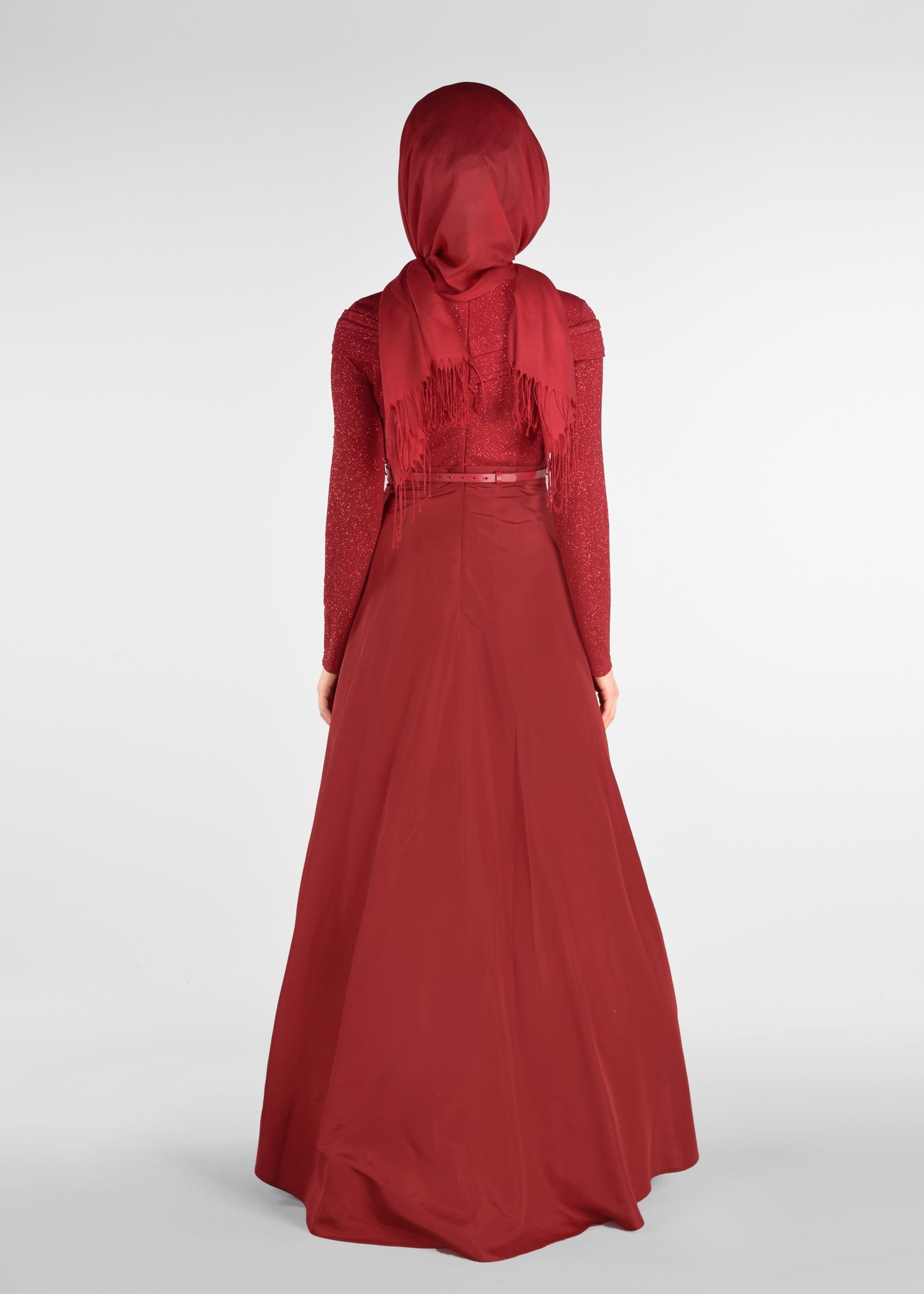 Tesettür giyim KIRMIZI BELİ KEMERLİ TAFTA KUMAŞ ABİYE ELBİSE 5456