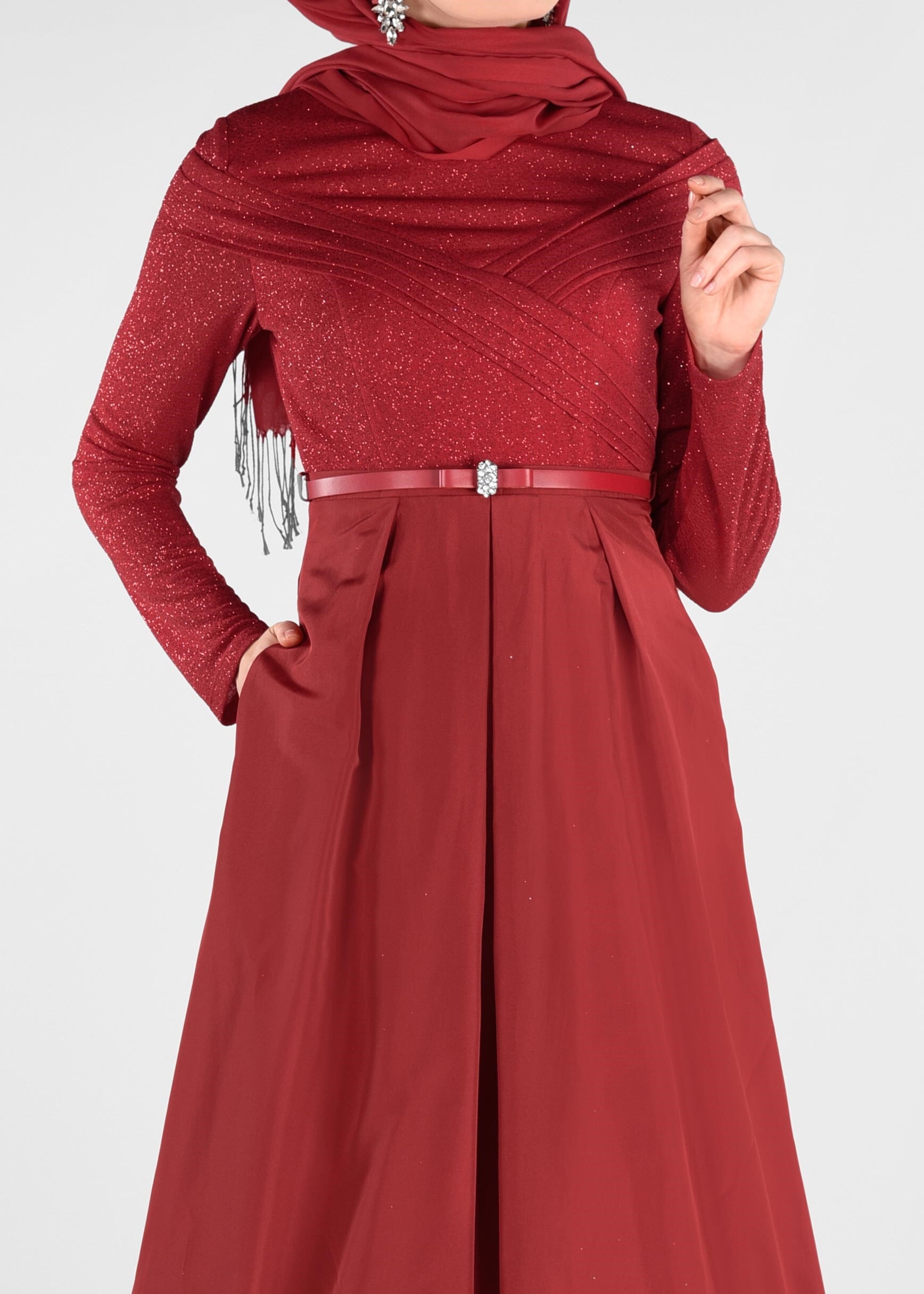 Tesettür giyim KIRMIZI BELİ KEMERLİ TAFTA KUMAŞ ABİYE ELBİSE 5456