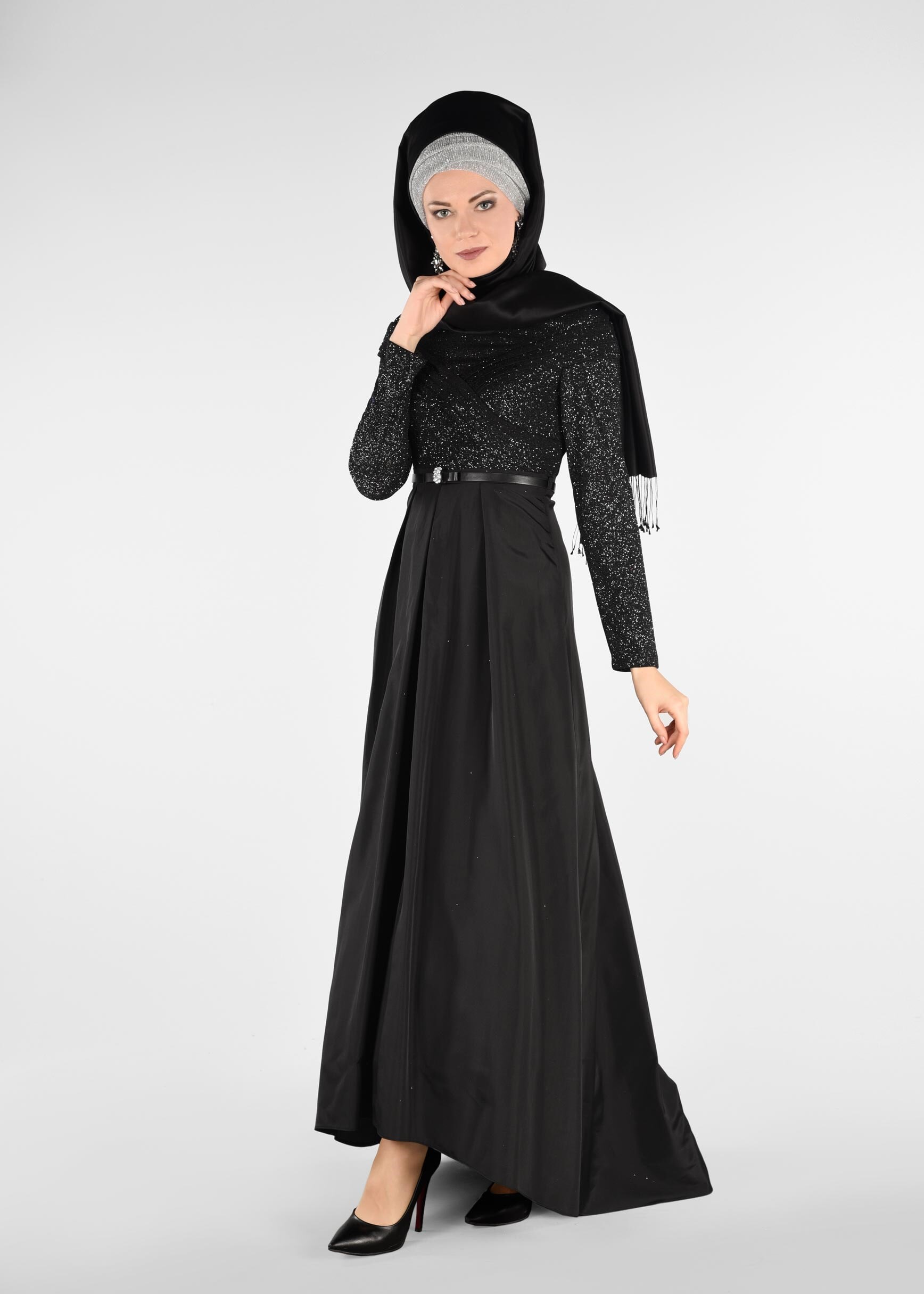 Tesettür giyim SİYAH BELİ KEMERLİ TAFTA KUMAŞ ABİYE ELBİSE 5456
