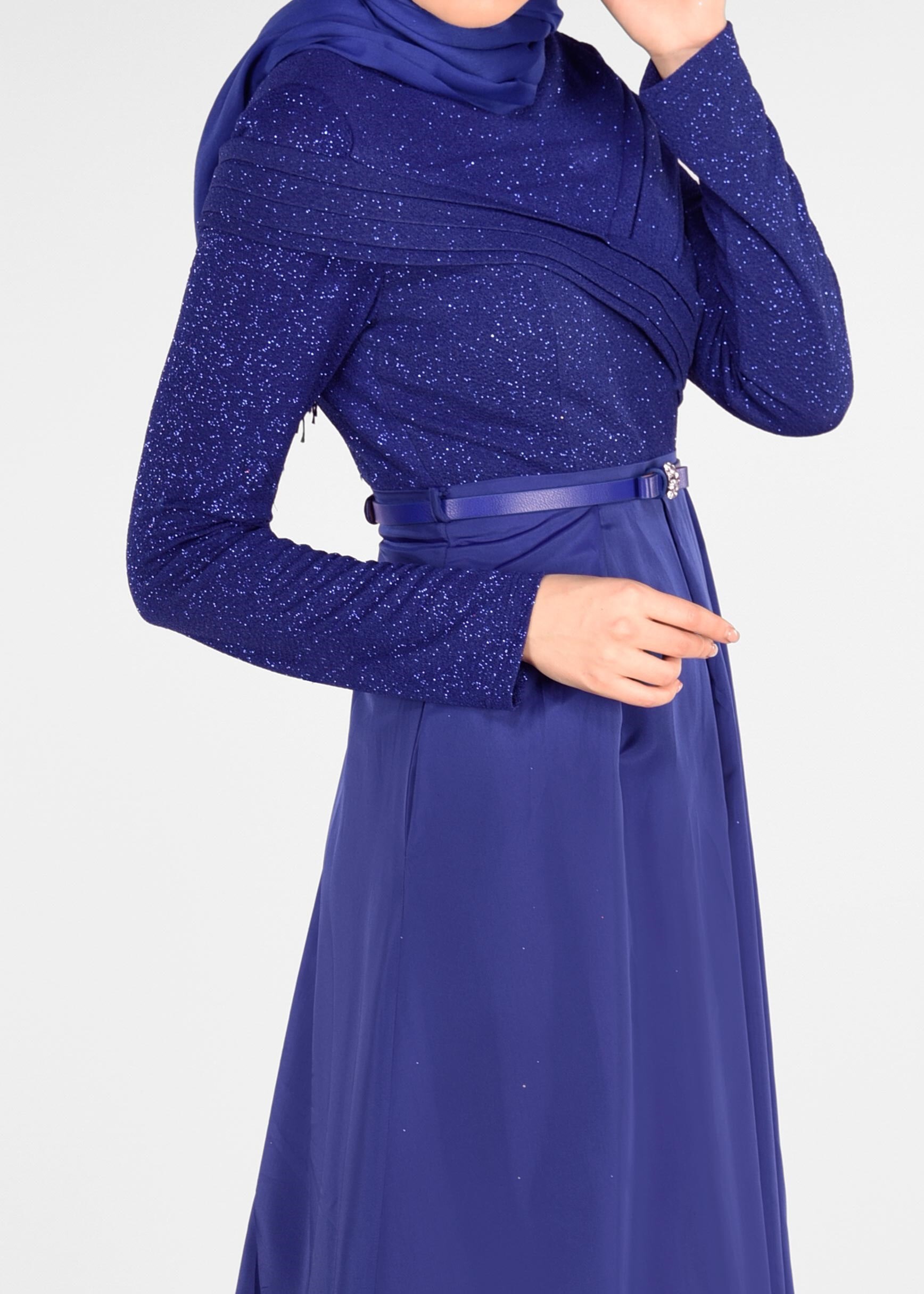 Tesettür giyim LACİVERT BELİ KEMERLİ TAFTA KUMAŞ ABİYE ELBİSE 5456