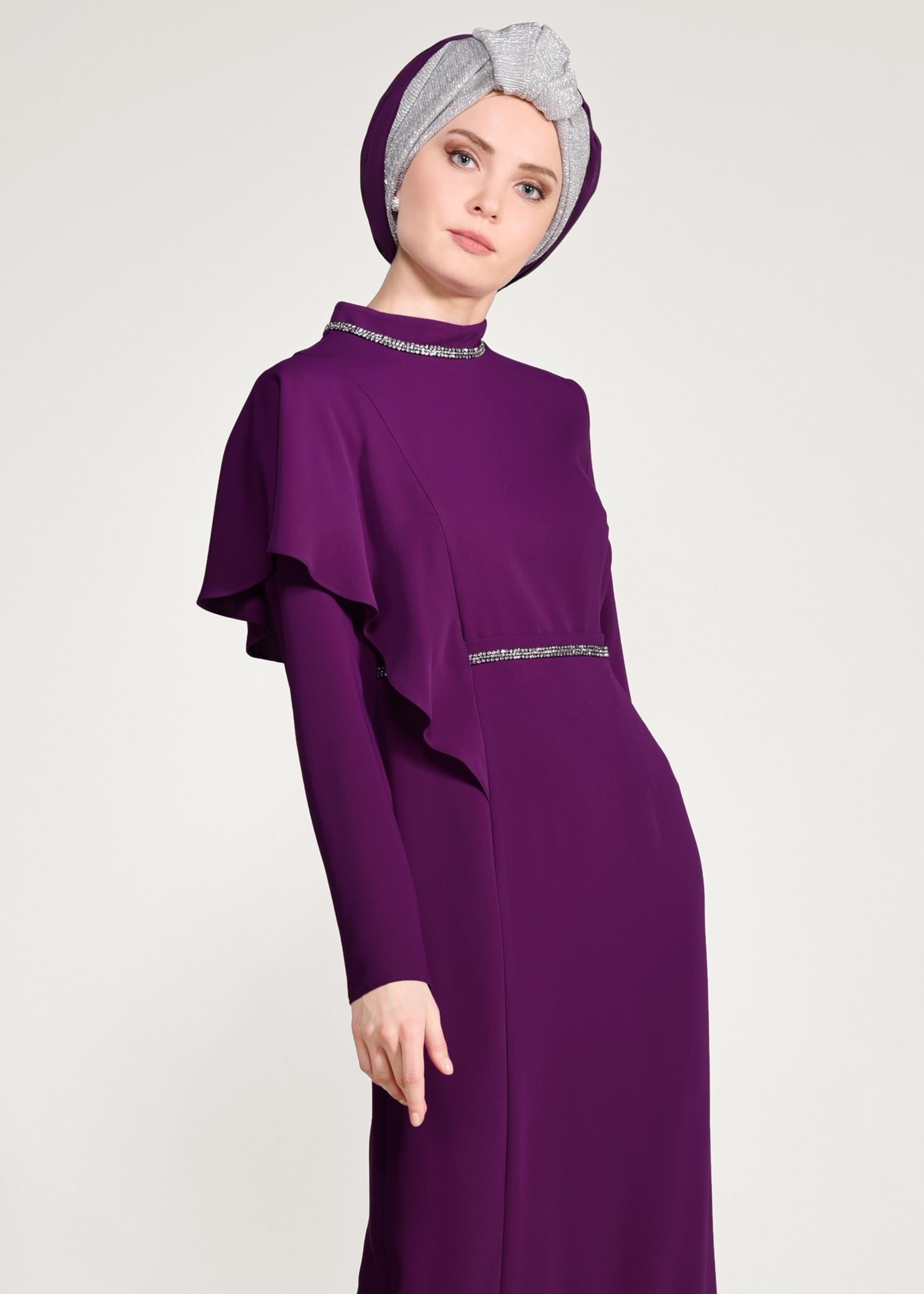 Tesettür giyim MOR OMUZU VOLANLI ŞERİT BONCUK DETAYLI ABİYE ELBİSE 5458 